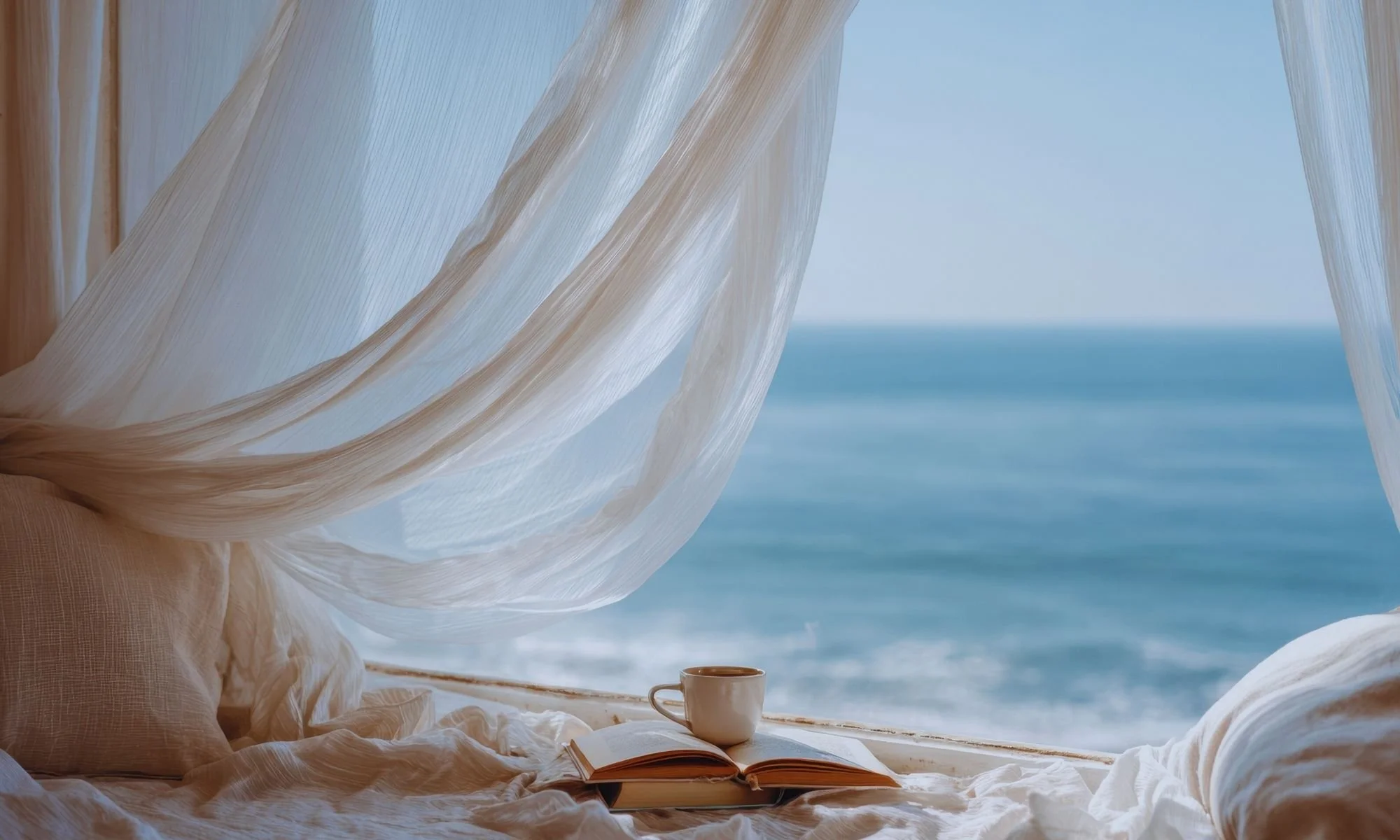 Open book and cup of tea on a soft bed by an ocean window with sheer curtains, creating a calm reflective morning atmosphere.