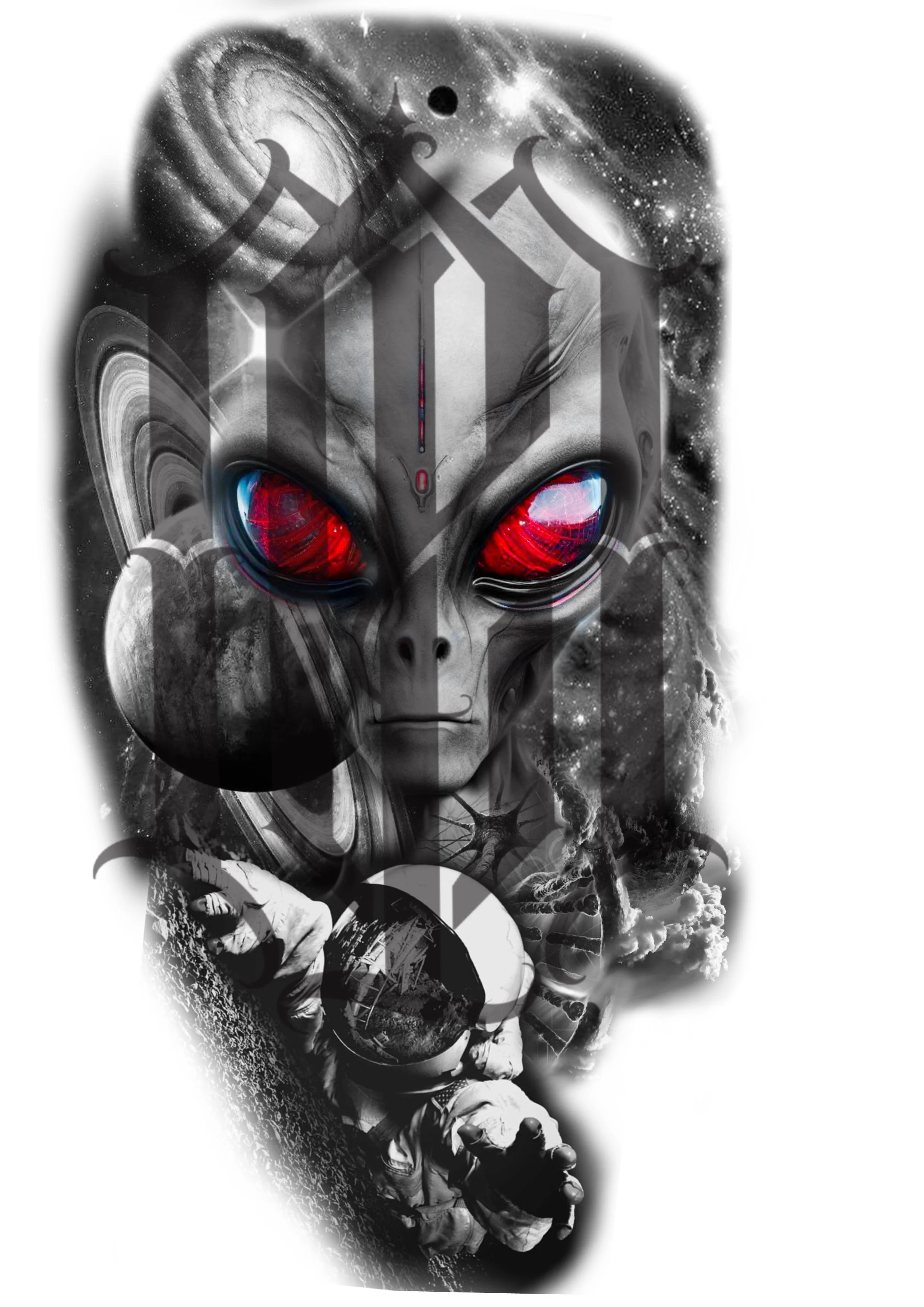 A surreal digital art of an alien face with large red eyes, set against a cosmic background of planets, stars, and nebulae, with astronauts and space elements integrated into the composition.