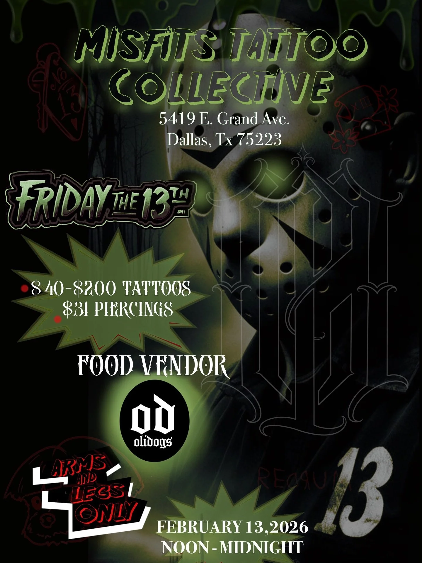 💀 IT&rsquo;S THAT TIME AGAIN. Friday the 13th at MISFITS!!!!! Here&rsquo;s a sneak peak of flash that will be available. More to come. 

🖤 Flash tattoos: $40&ndash;$200 | +$15 for color, no other changes, arms &amp; legs only
🩸 $31 piercings

🌭 F