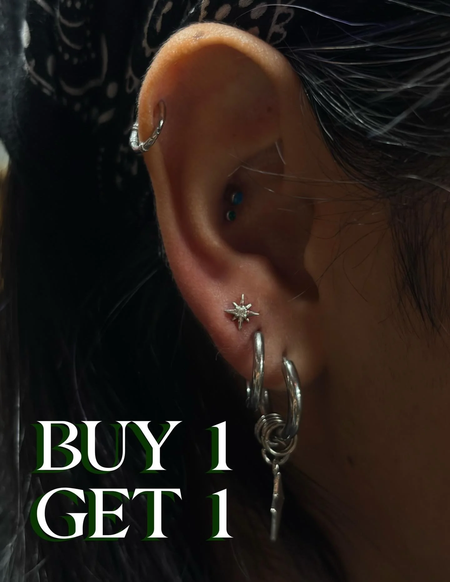 ⚠️ BOGO ALERT! We are now offering buy 1, get 1 FREE for all ear piercings to get the word out that we DO offer piercing here at Misfits! BOGO is every day from 12-6pm excluding Tuesdays or Wednesdays. Standard titanium jewelry included or upgrades a