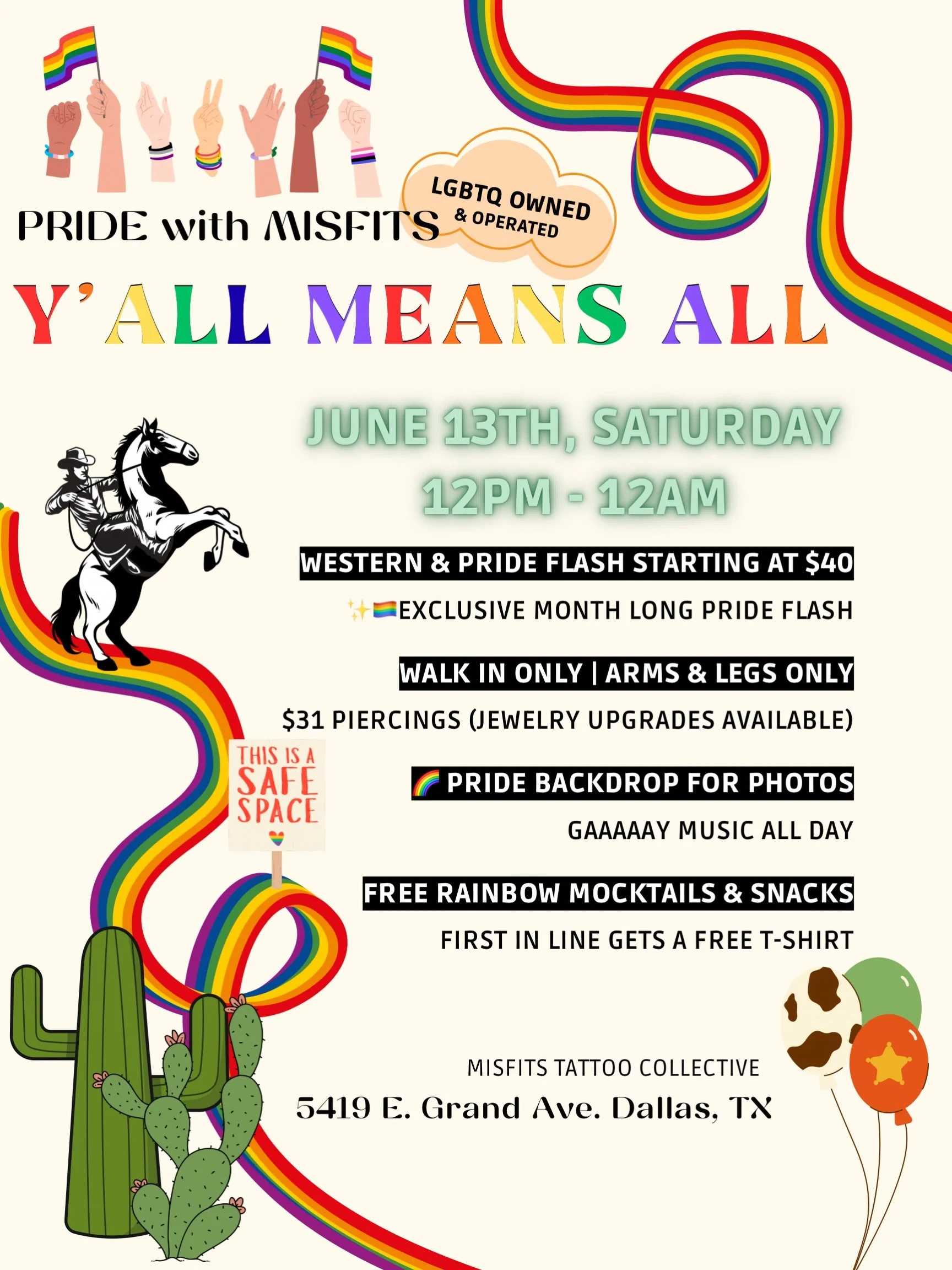 🏳️&zwj;🌈🤠 Y&rsquo;ALL means ALL Pride Party 🤠🏳️&zwj;🌈

We&rsquo;re celebrating love, Pride and Texan pride at Misfits with our Y&rsquo;ALL means ALL Pride Party for Pride month!!! 🌈✨ Come join us, an actual LGBTQ owned &amp; operated studio in