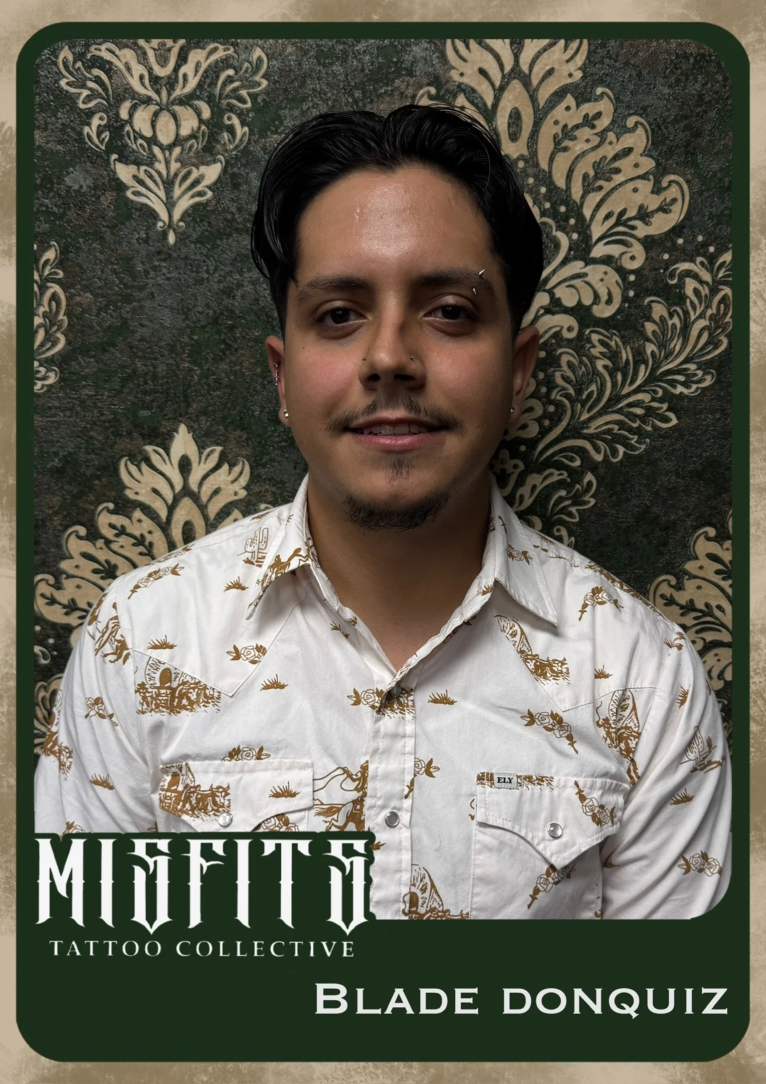 A person with dark hair, earrings, and a small eyebrow piercing, wearing a white shirt with a gold pattern, smiling, standing in front of a decorative black and gold floral background. The text on the image reads "MOFFITO TATTOO COLLECTIVE BLADE DONQUIZ."