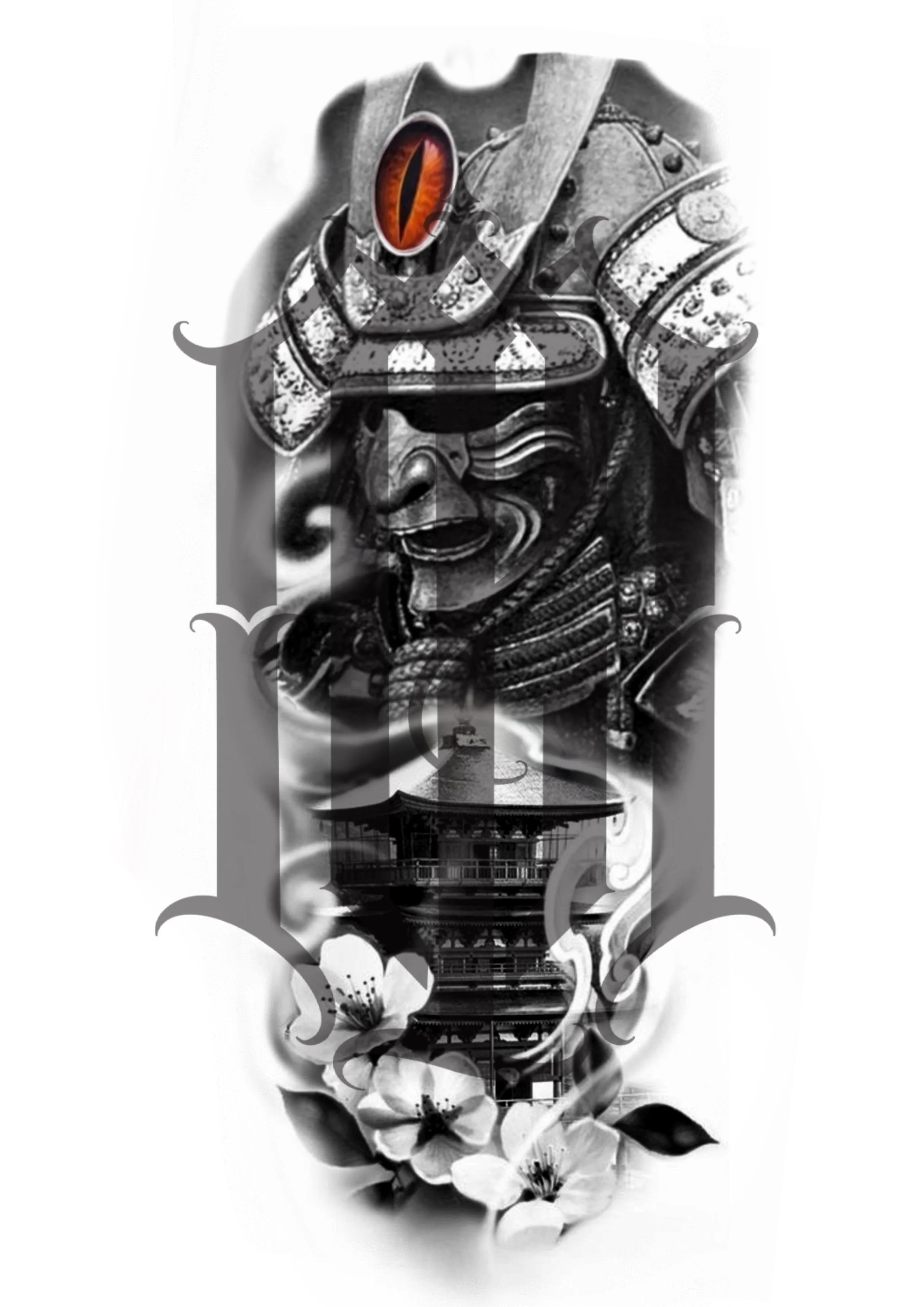 A black and white tattoo-style design featuring a traditional Japanese Tengu mask, cherry blossoms, a pagoda, and a warrior's armor with a men's vest.