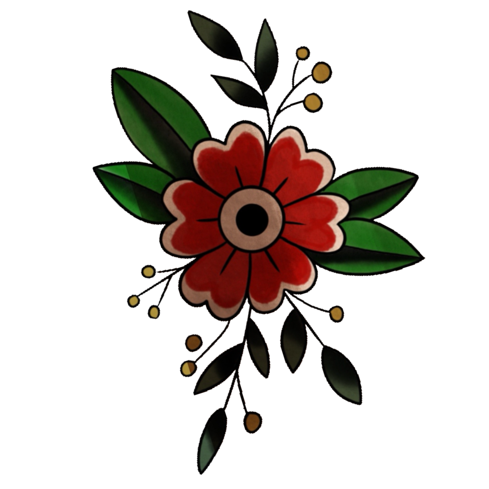 A decorative floral design with a central red flower surrounded by green leaves and small yellow buds.