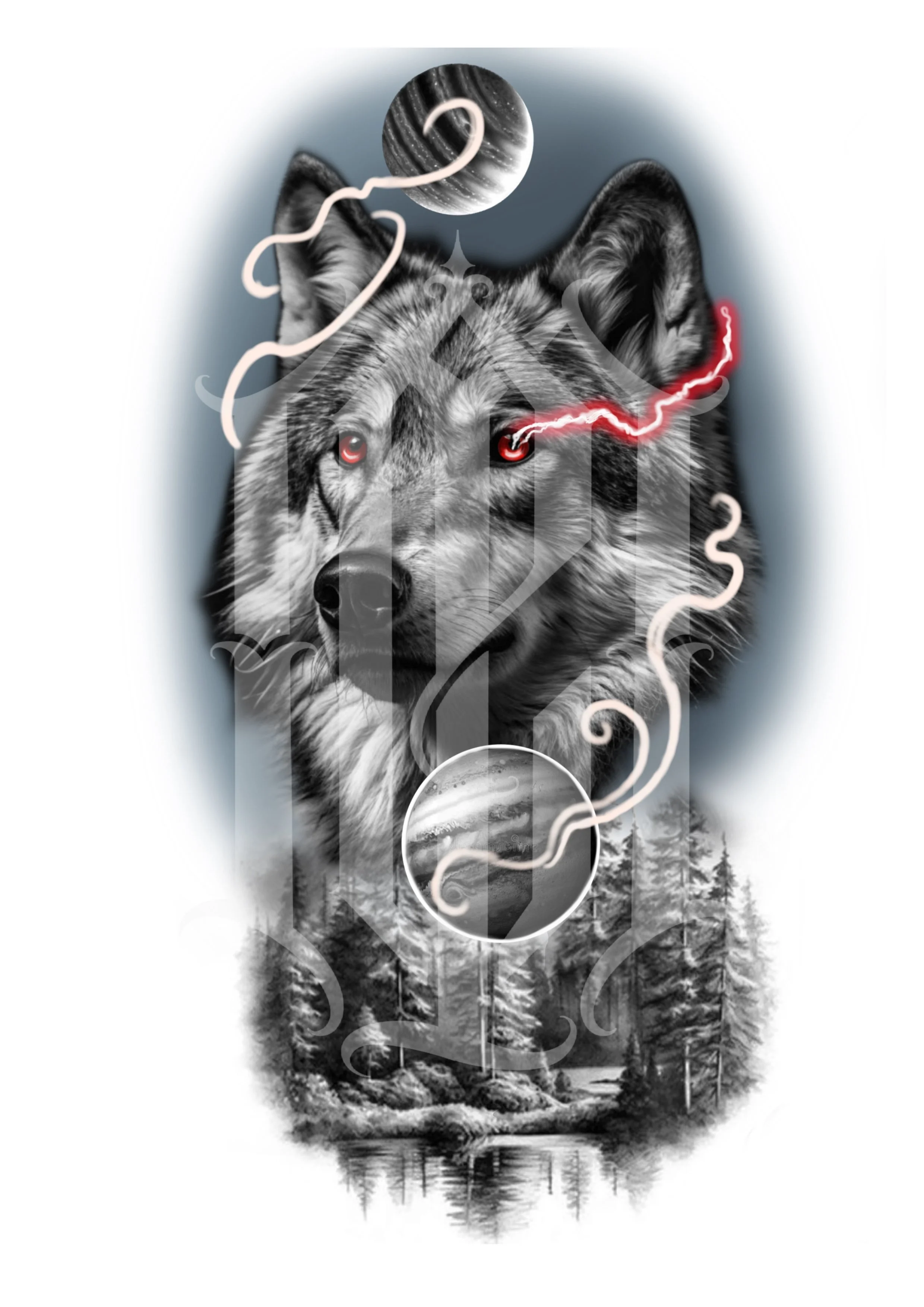 A digital artwork featuring a wolf with glowing red eyes. The background includes a forest scene with a lake, and there are abstract elements like swirling lines and orbs, creating a mystical and surreal atmosphere.