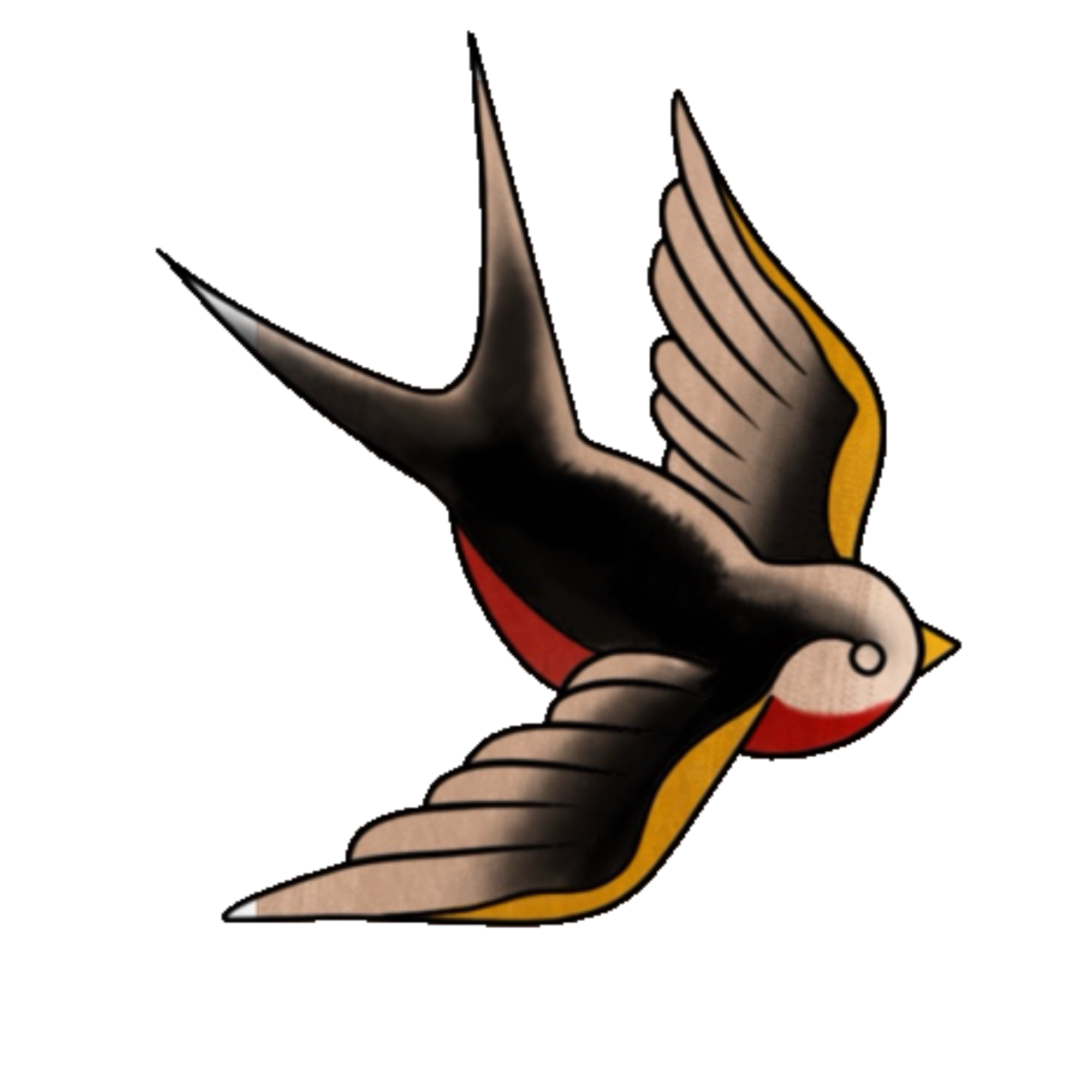 Traditional tattoo of a swallow bird with black, red, white, yellow, and beige colors.