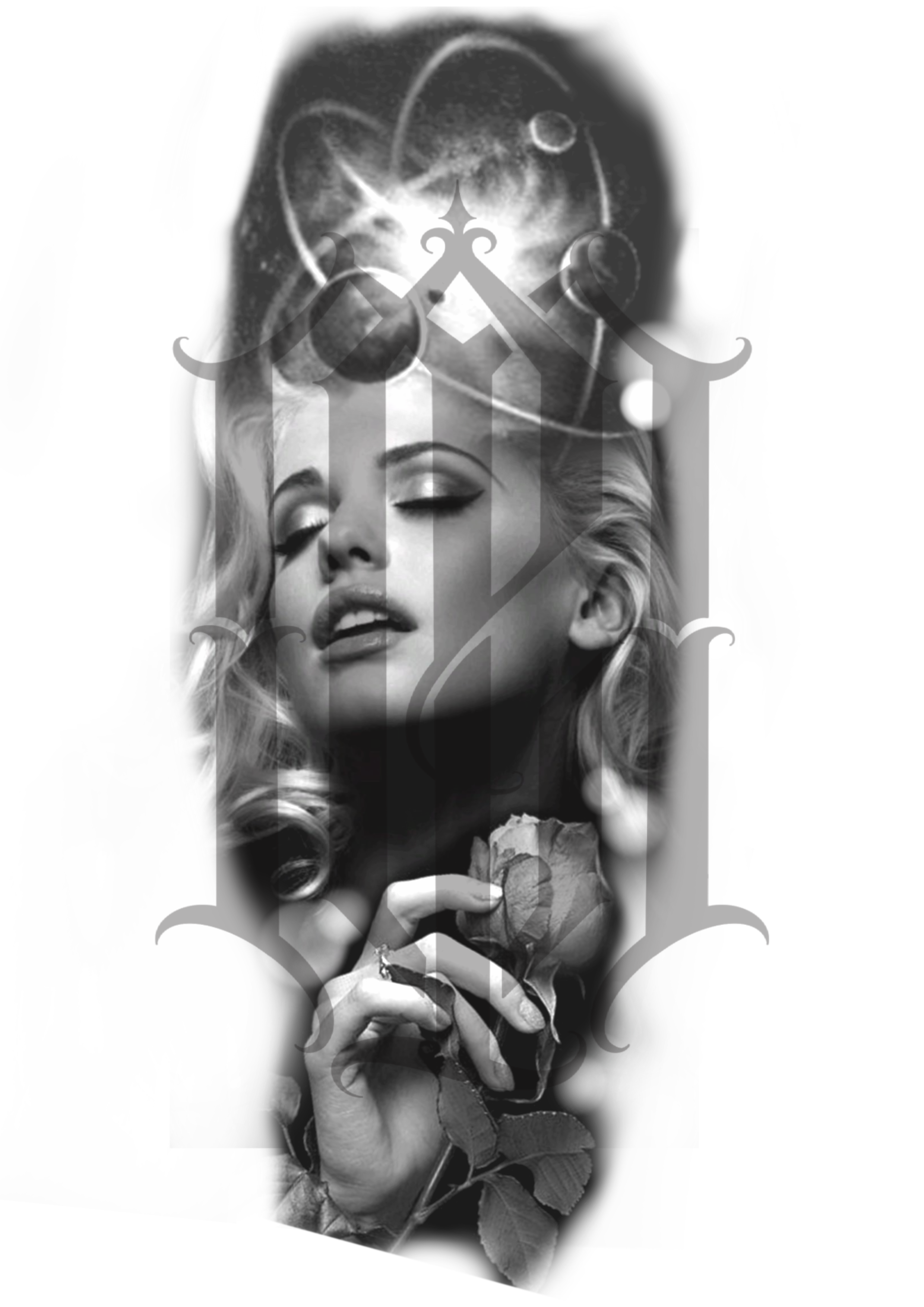 Black and white artistic photo of a woman with wavy hair holding a rose, with celestial bodies and a nebula in the background, overlayed with decorative framing.