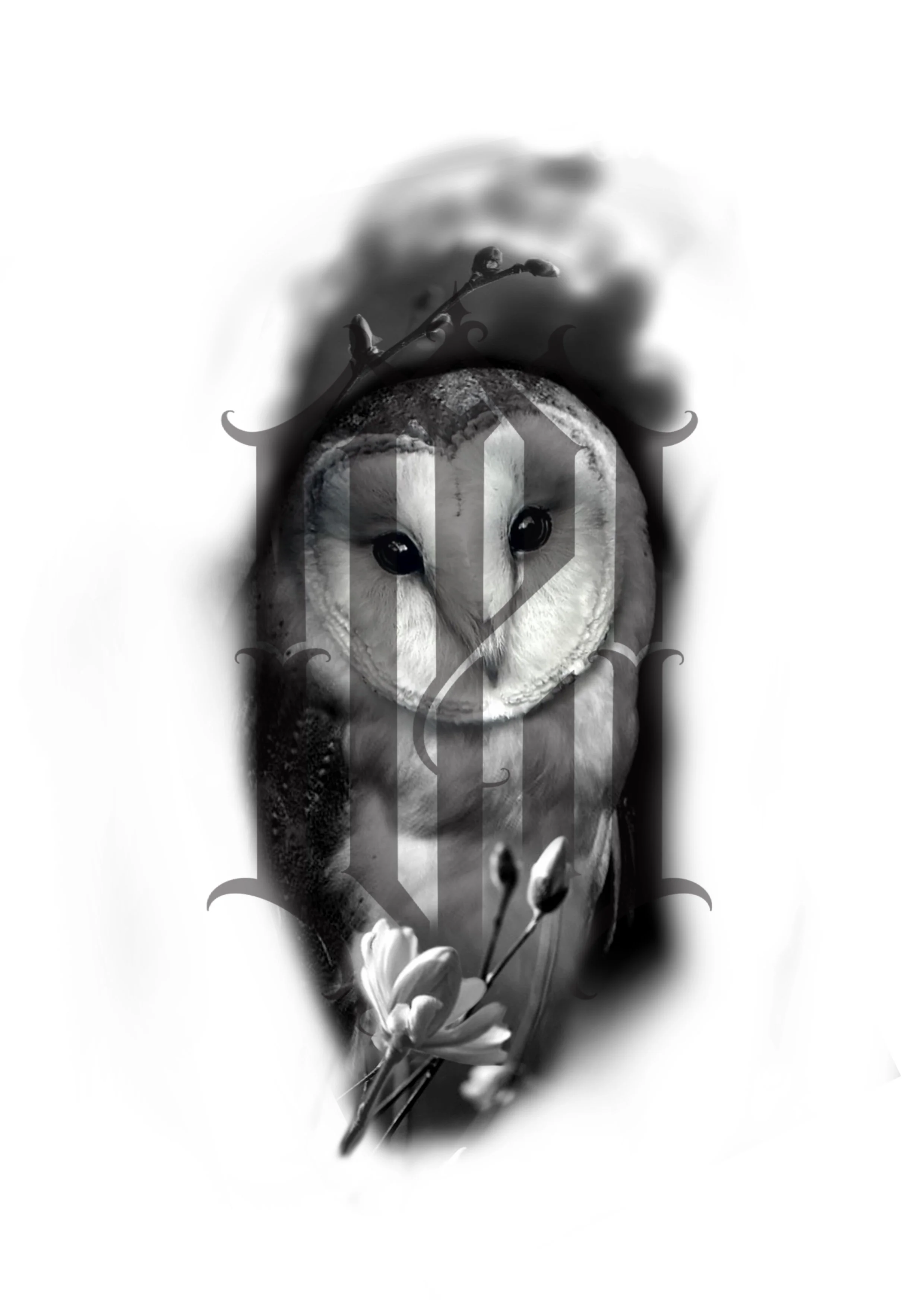 Black and white artwork featuring an owl's face with dark eyes, surrounded by flowers and branches, with a stylized background.