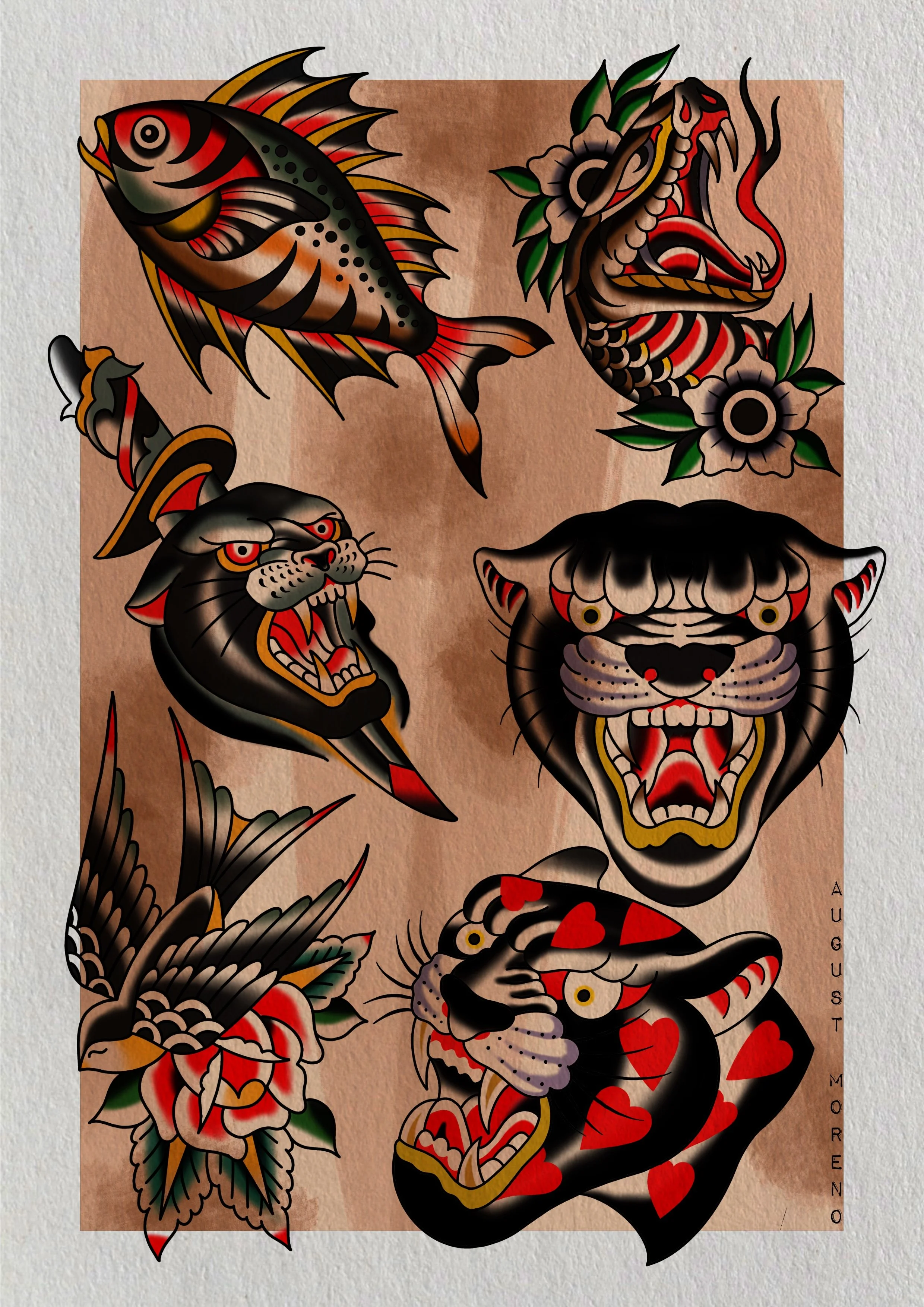 Tattoo sheet featuring traditional style designs of a fish, dragon, panther, tiger, and other motifs, with bold colors and black outlines.