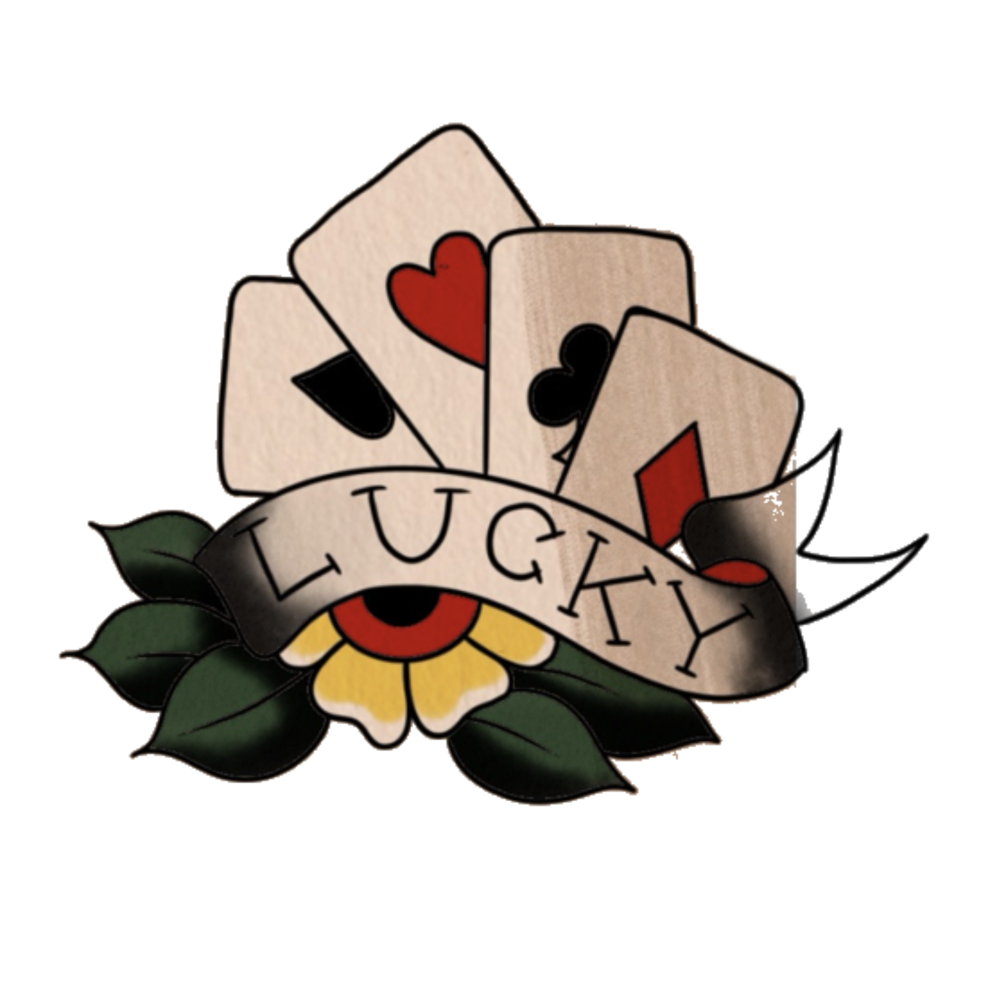 Tattoo design featuring a banner with the word 'LUCKY,' playing cards behind it, and flowers and leaves decorations.
