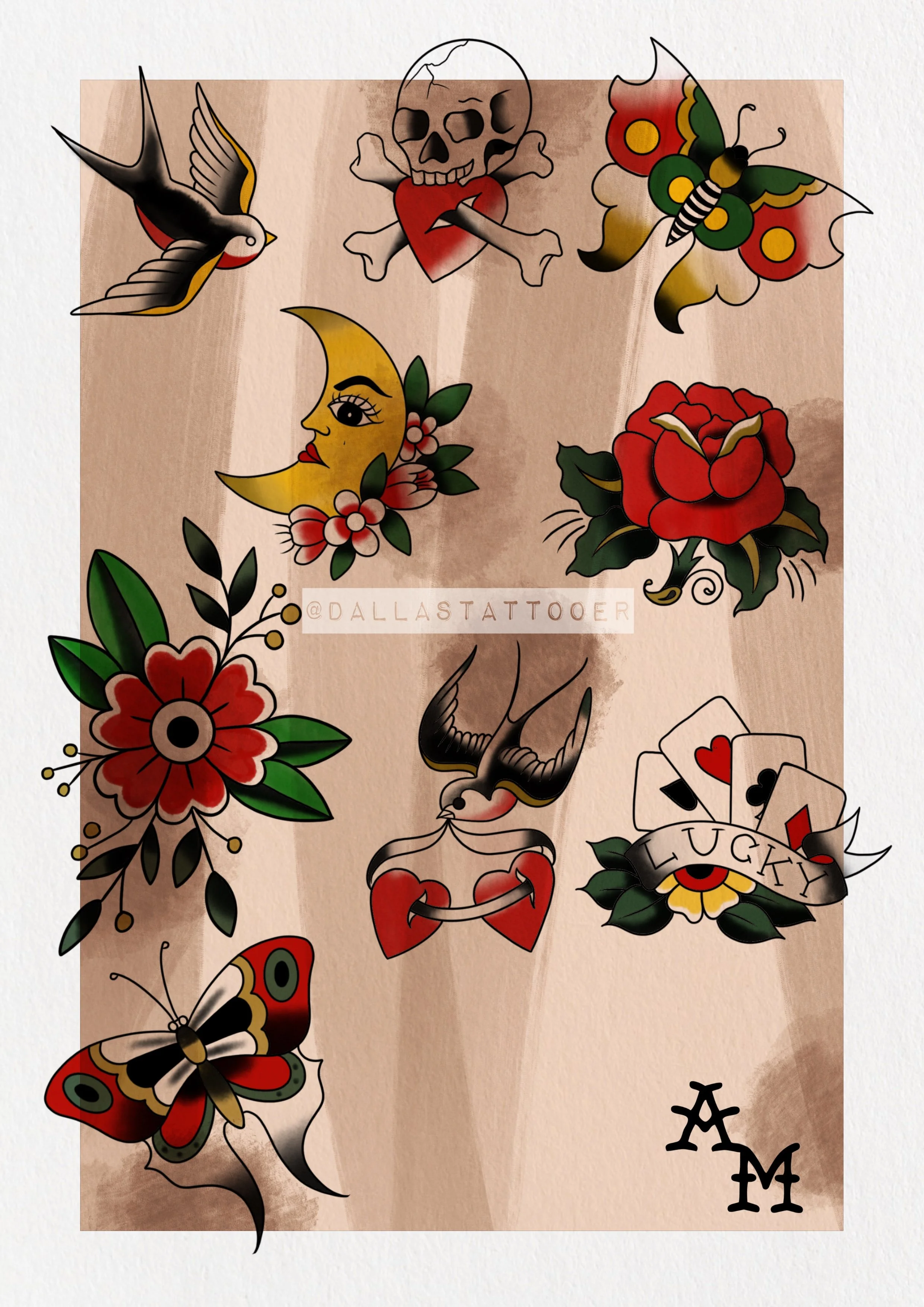 Collection of traditional tattoo flash designs on a beige background, including a flying bird, skull with heart, butterfly, crescent moon with face, red flower, swallow with two hearts, playing cards with a banner that says "LUCKY", and the initials "A M".