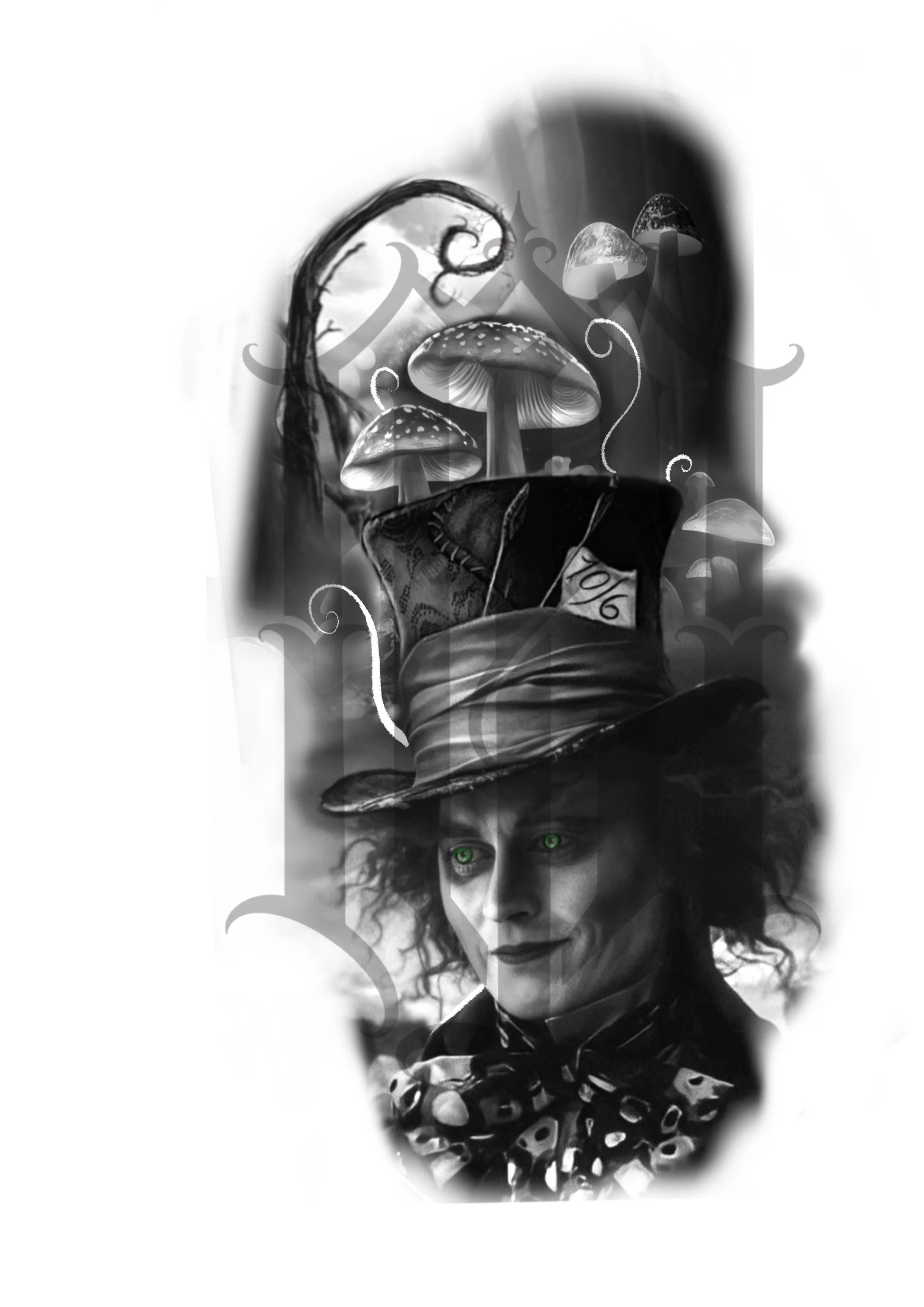 Black and white collage featuring a woman with curly hair, green eyes, a whimsical top hat, and a mischievous expression, with abstract mushrooms and swirling patterns in the background.