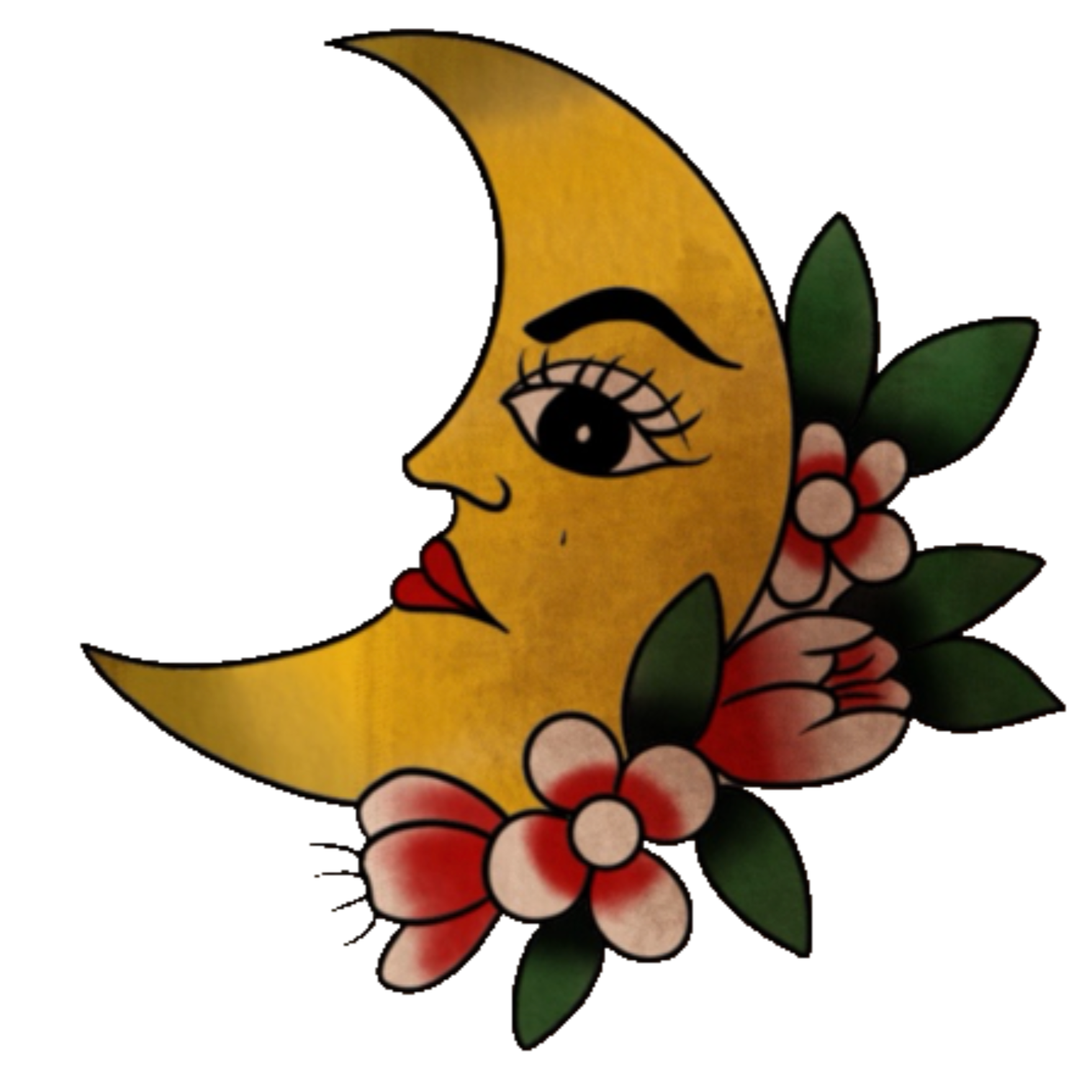 A cartoon illustration of a crescent moon with a woman's face, red lips, and long eyelashes, accompanied by pink flowers and green leaves.