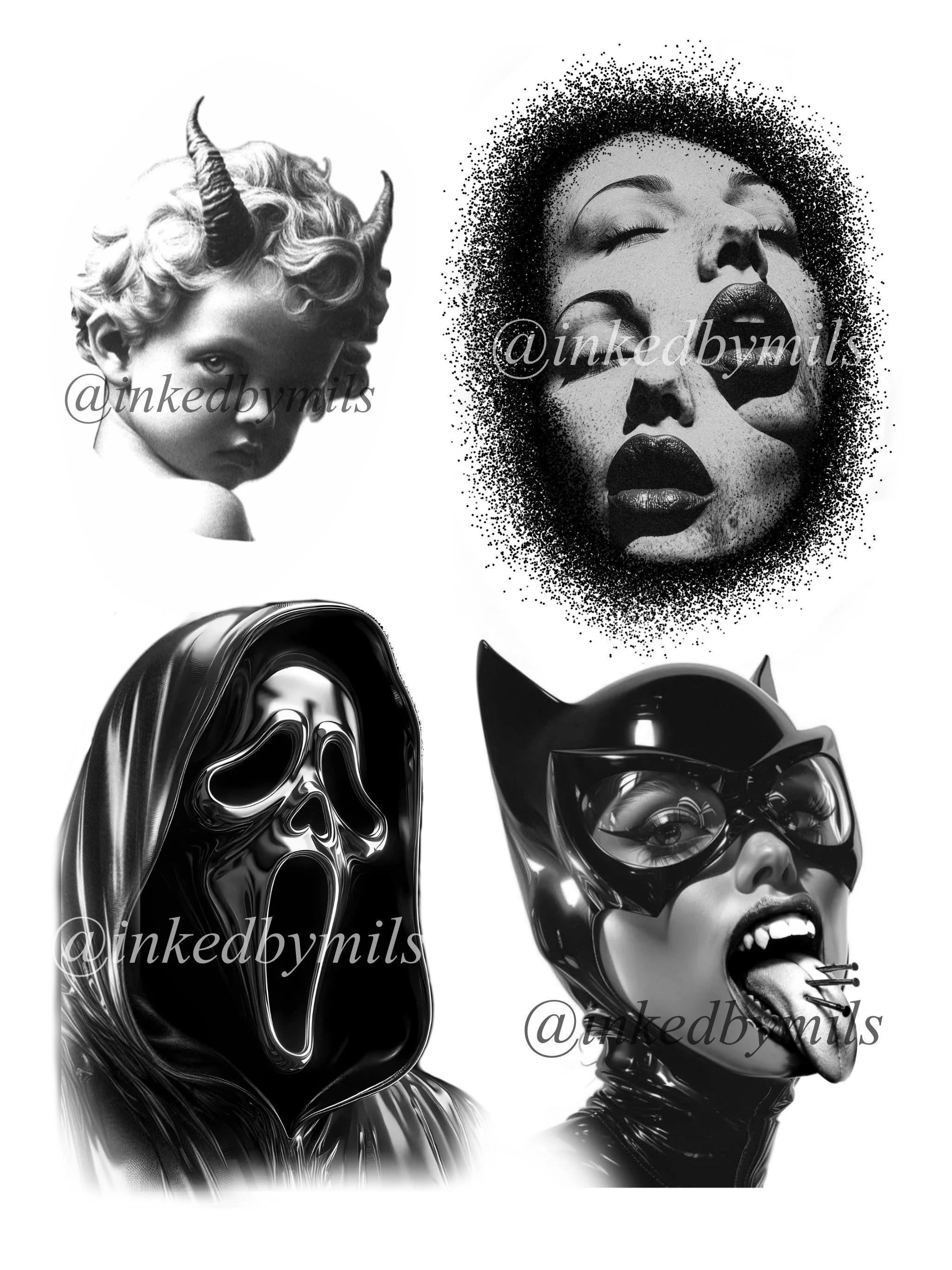 Four black and white digital art portraits: a classical statue with horns, a woman with closed eyes and a vivid expression, a hooded figure with a scream mask, and a woman in a catwoman costume with tongue out and multiple piercings.