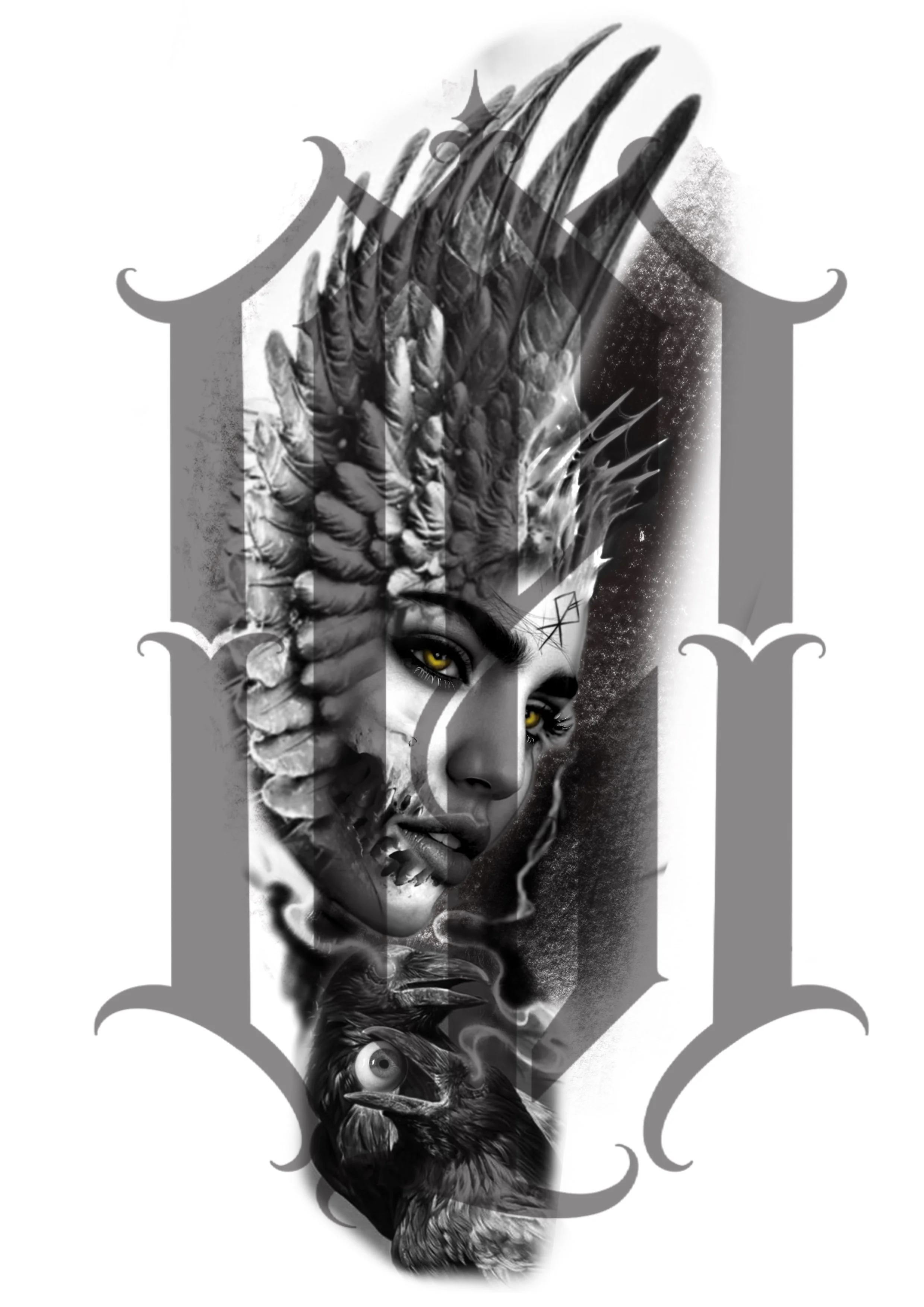 Black and white digital artwork featuring a woman's face with yellow eyes, adorned with a headdress made of birds, a pentagram on her forehead, surrounding by smoke and an eagle's head.