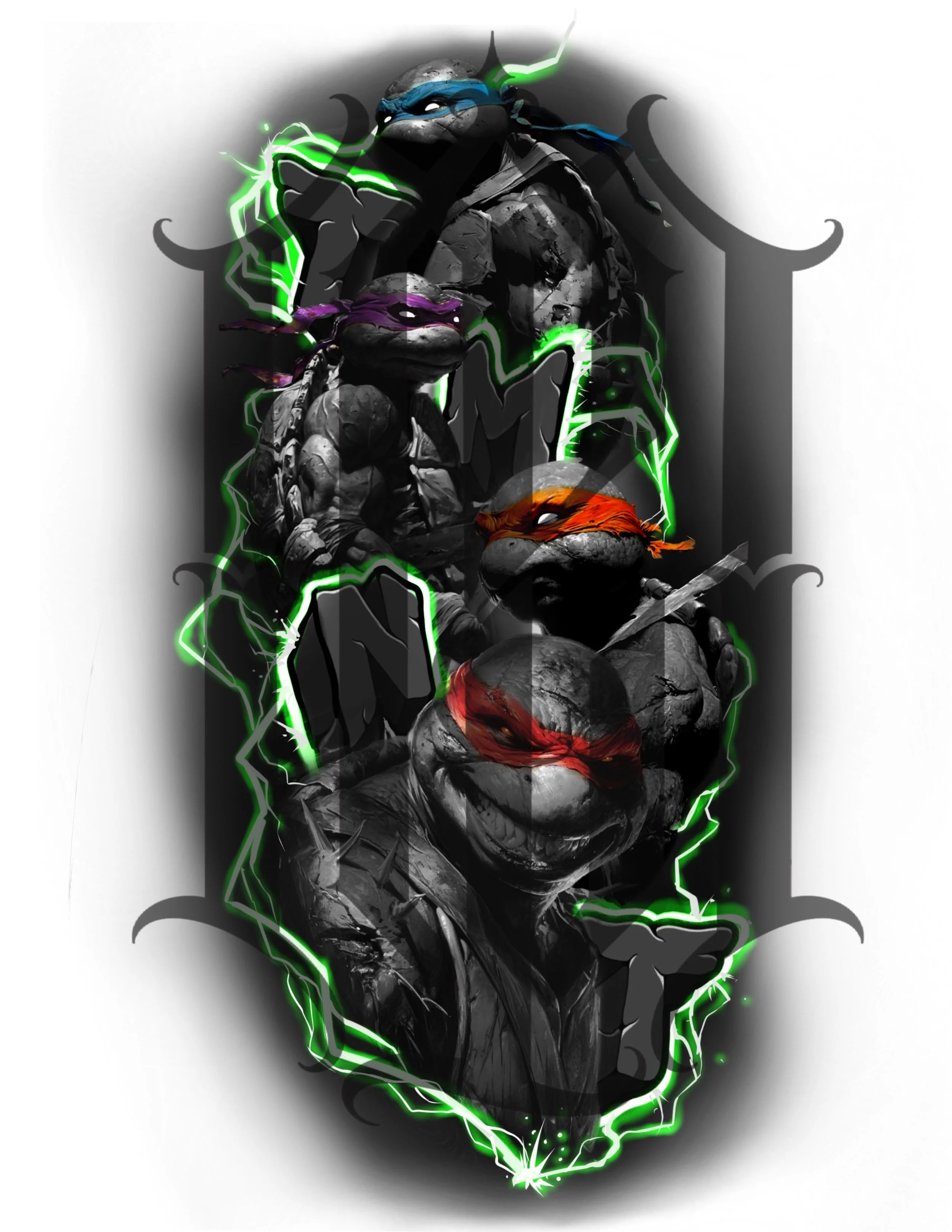 Group of Teenage Mutant Ninja Turtles characters with their distinctive colored masks, in a comic-style design with electricity effects.