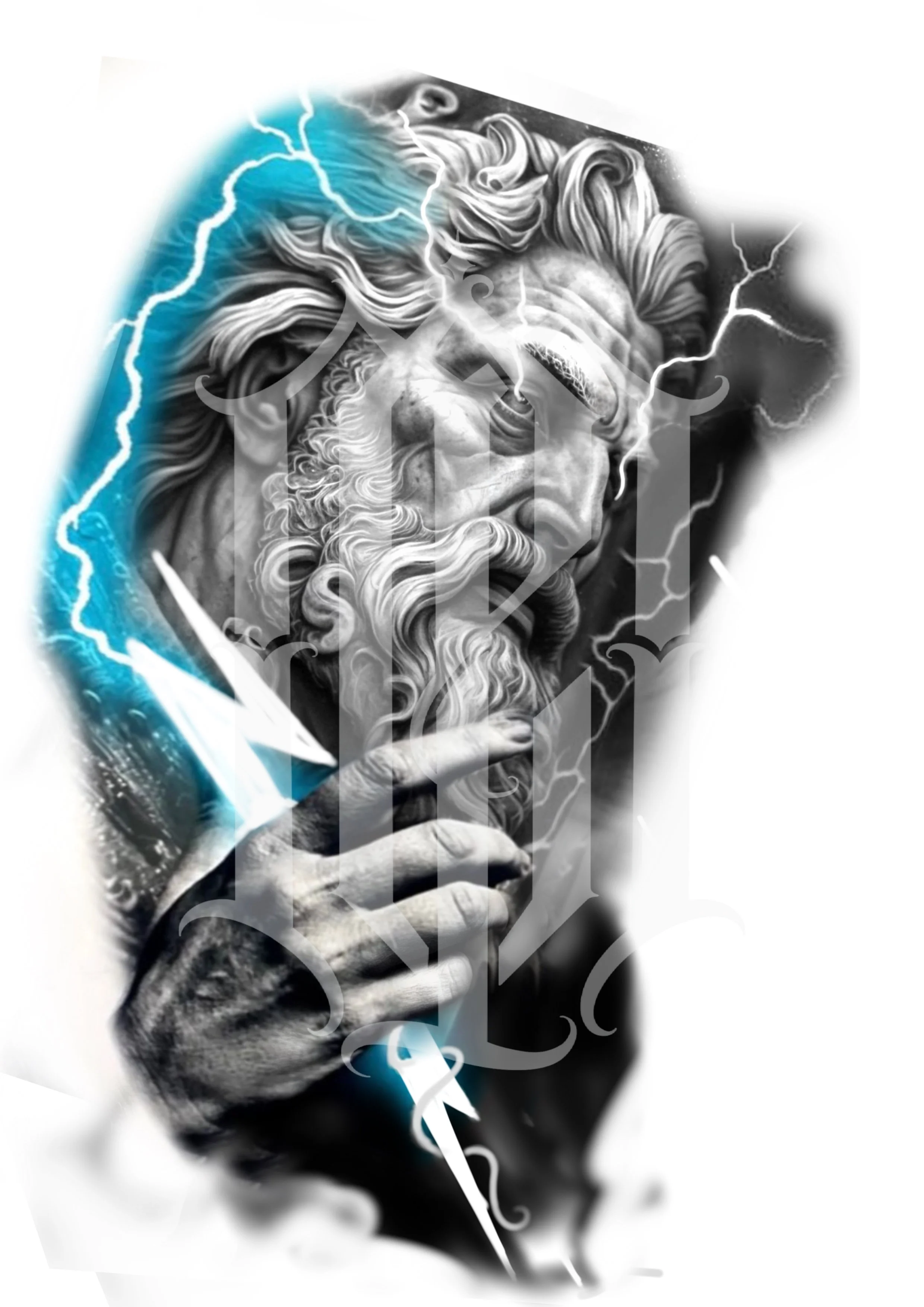 Black and white tattoo-style depiction of a bearded man with lightning and blue accents, with a finger to his lips.