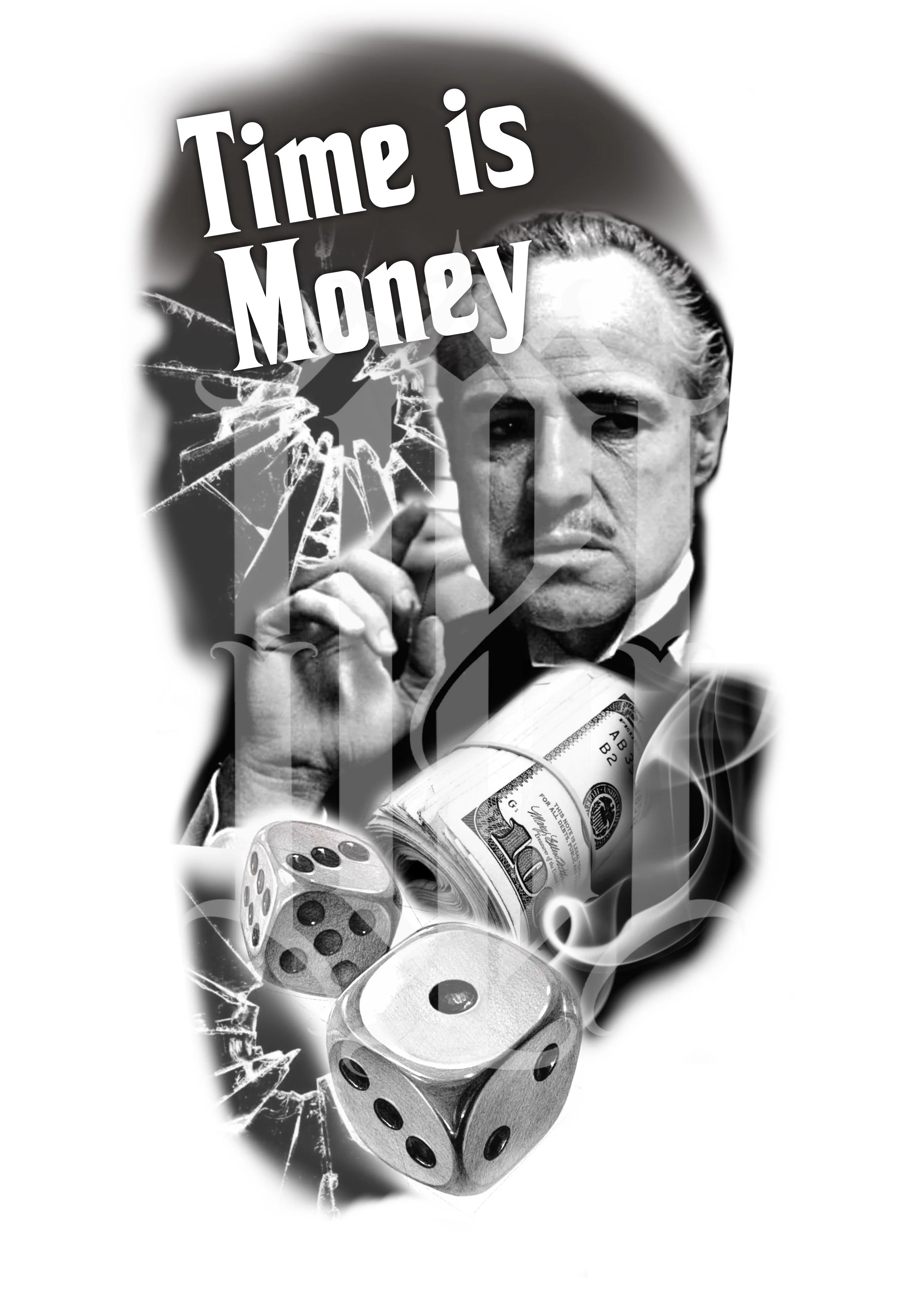 A black and white collage featuring a serious man holding a lit cigarette, with rolls of hundred-dollar bills, smoking dice, and shattered glass, accompanied by the text 'Time is Money'.