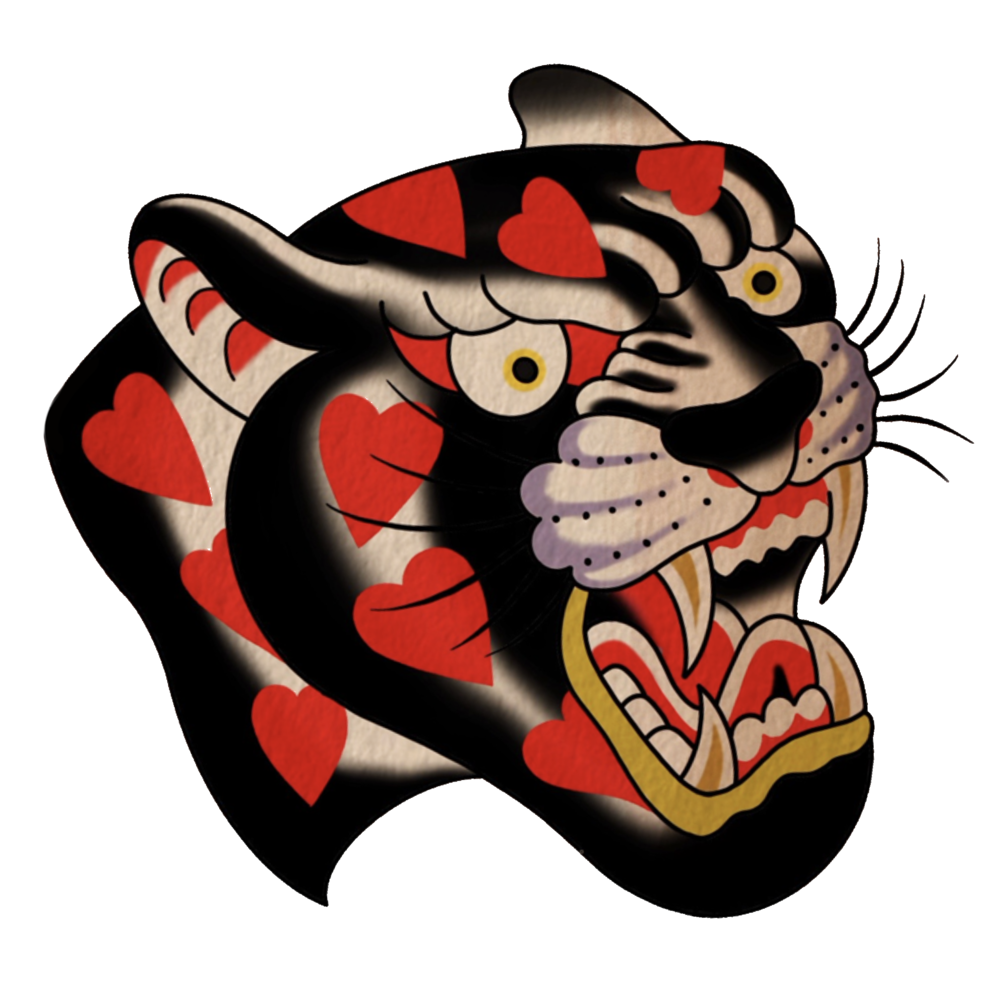 Tattoo-style illustration of a roaring black panther with red hearts, yellow eyes, and an open mouth showing sharp teeth.