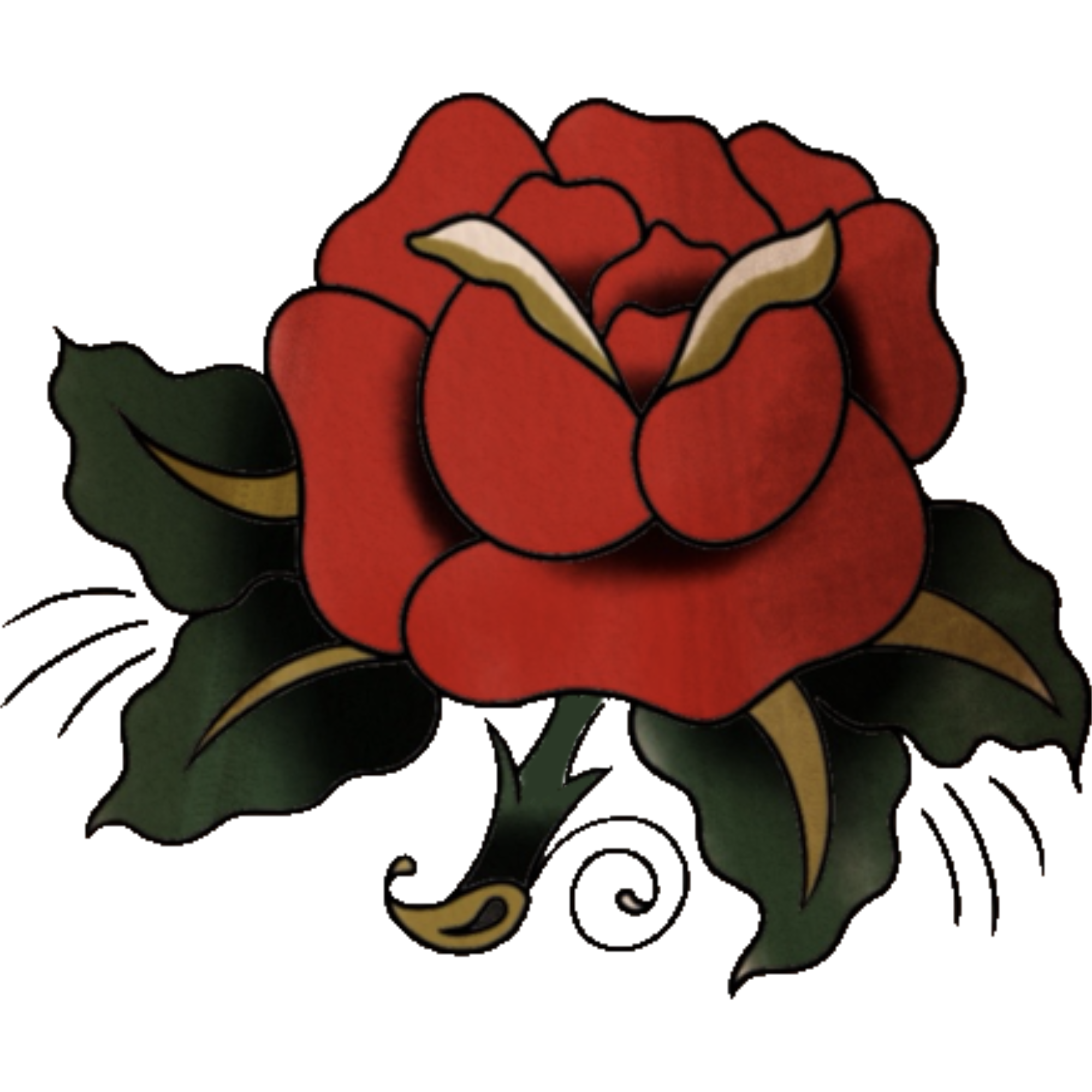 A traditional tattoo-style red rose with green leaves.