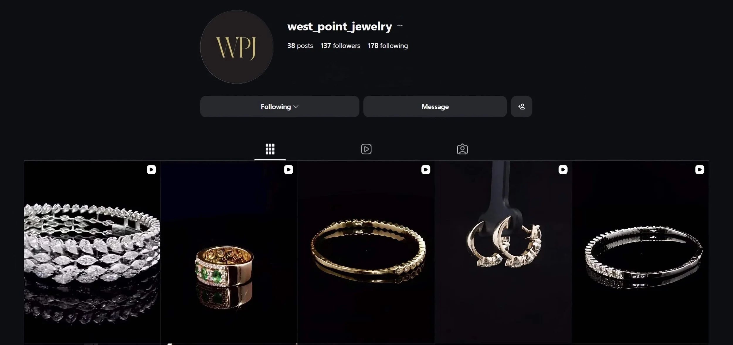 Instagram profile page for west_point_jewelry with 38 posts, 137 followers, and 178 following. The page features thumbnail images of various jewelry pieces, including rings and earrings, displayed on a black background.