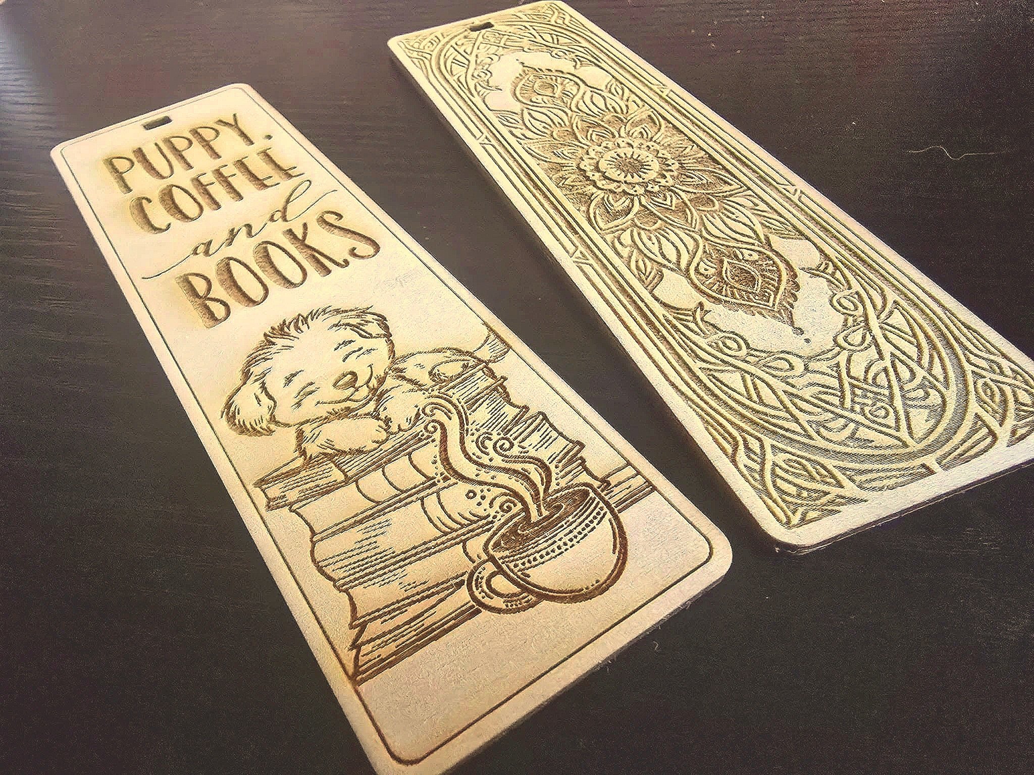 Two decorative bookmark cards, one with a puppy resting on books and the text 'Puppy Coffee and Books,' the other with intricate floral and geometric patterns.