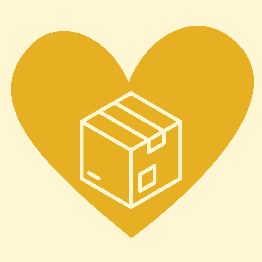 A graphic of a yellow heart with a white outline of a cardboard box in the center, set against a light beige background.