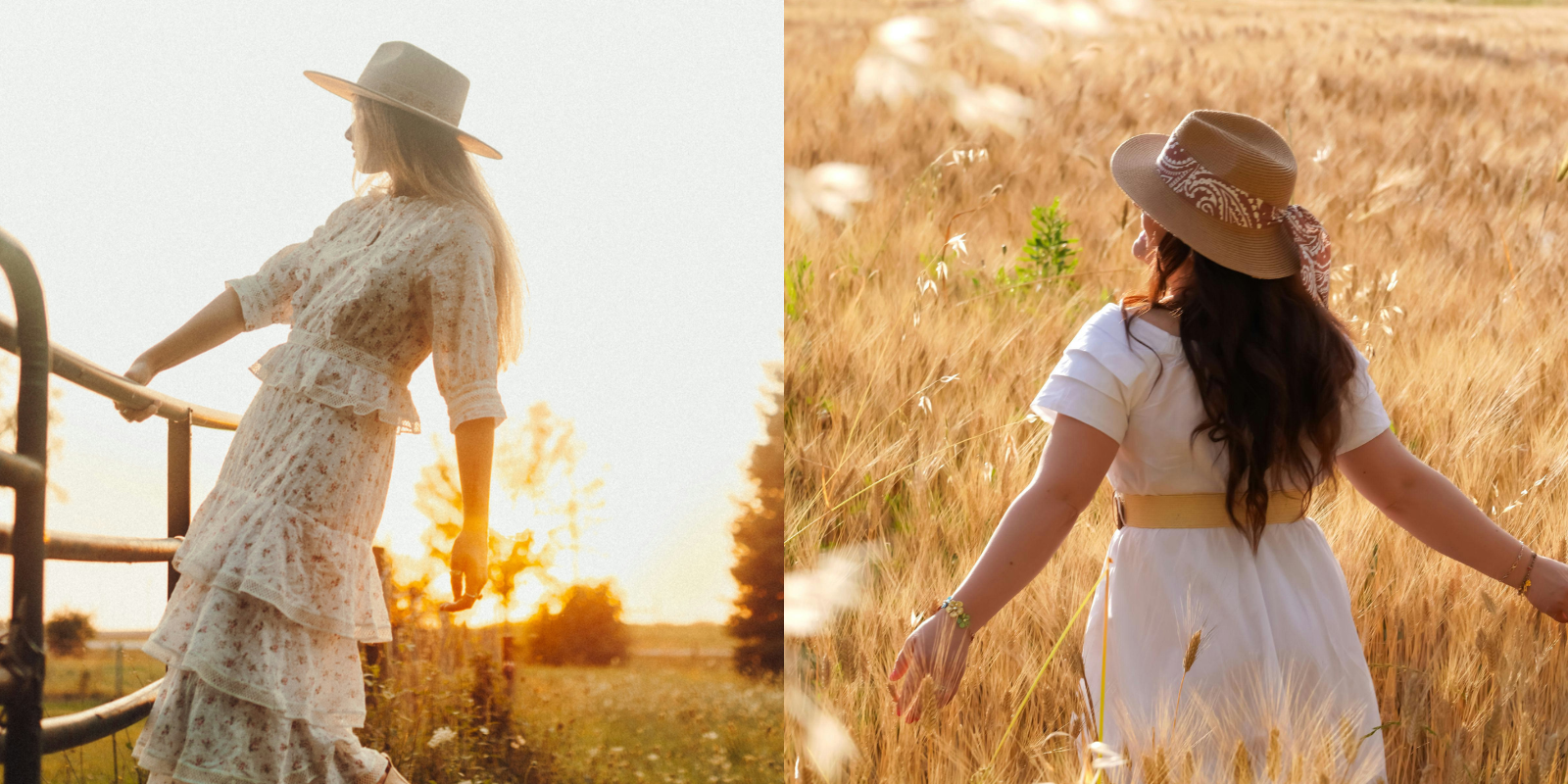 A woman in a white dress and wide-brimmed hat walking through a wheat field at sunset.