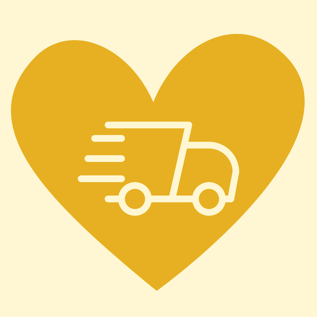 A yellow heart with a white outline of a delivery truck and speed lines inside.