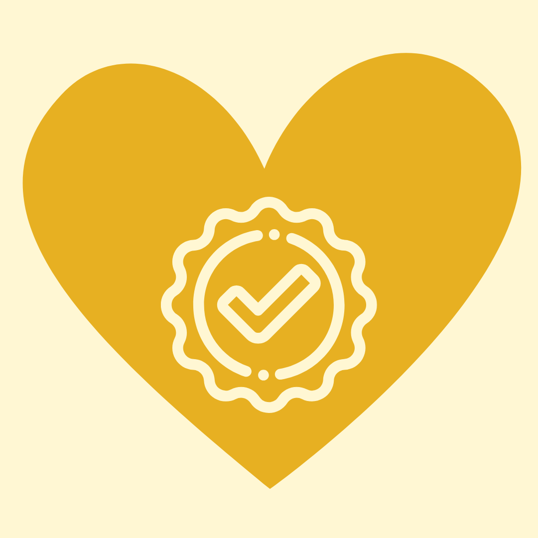 A gold heart with a checkmark symbol in the center, indicating approval or certification.