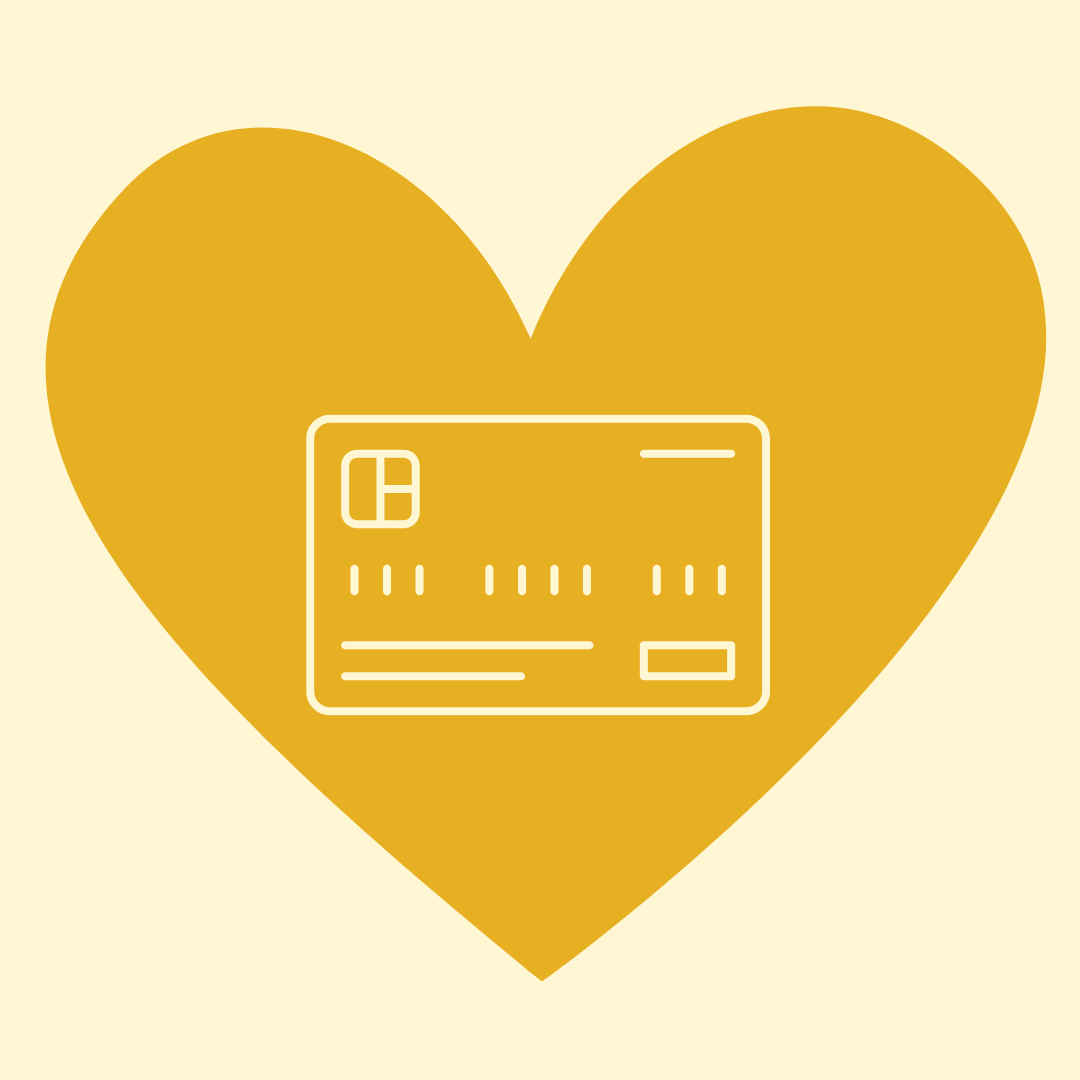 A heart with a credit card icon inside it on a light yellow background.