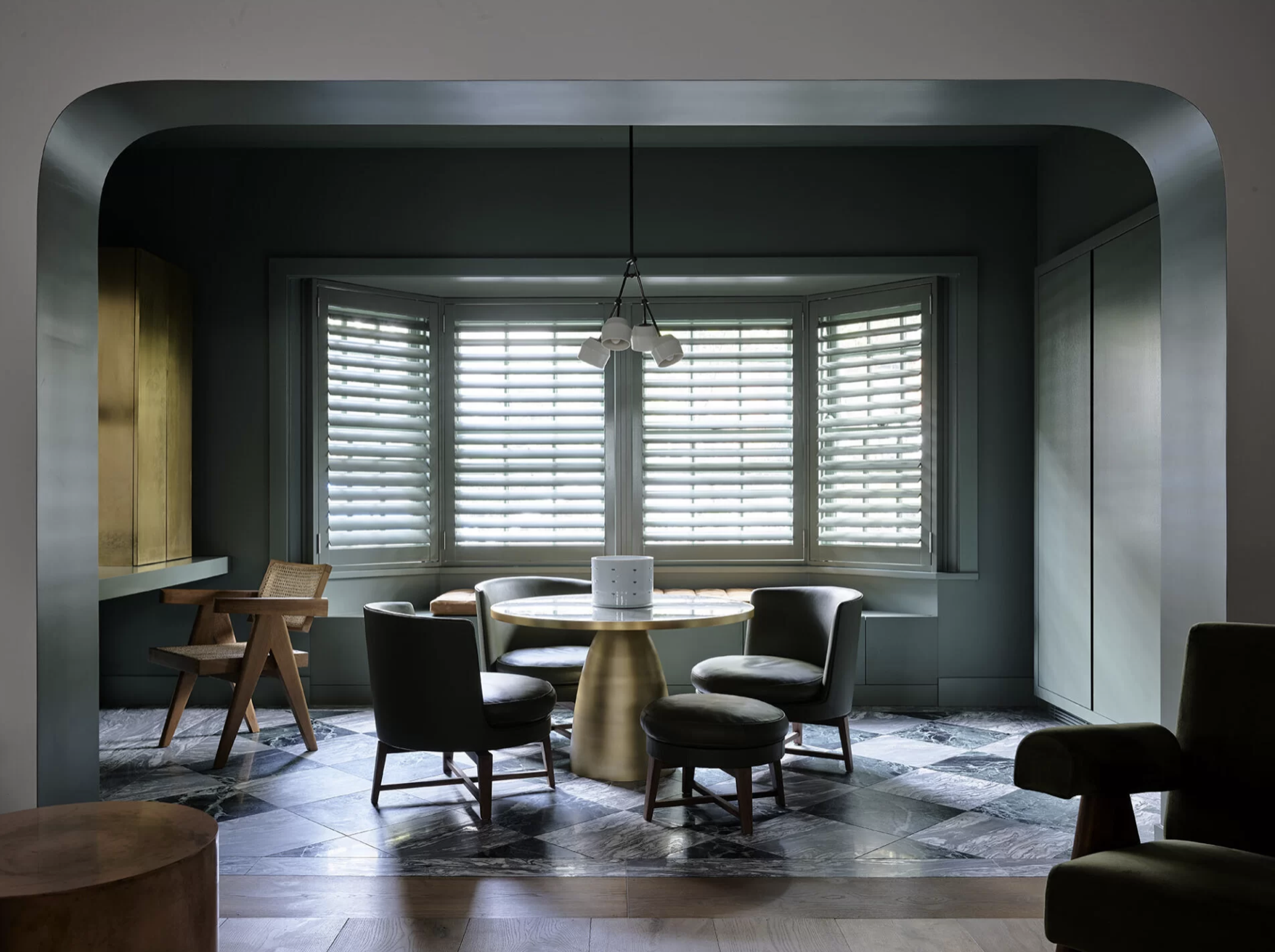 wine room, aged brass, marble floor