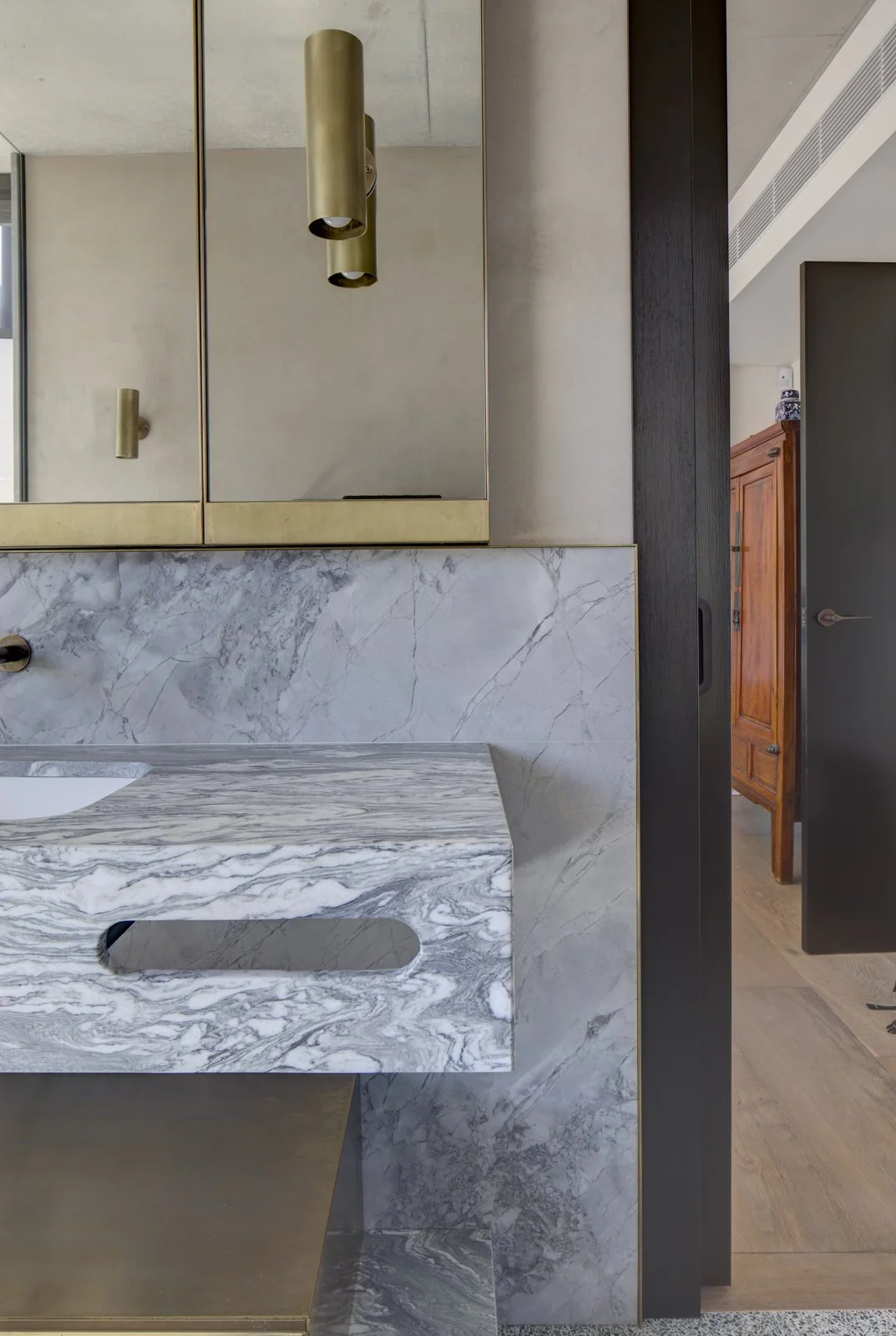 marble vanity, aged brass