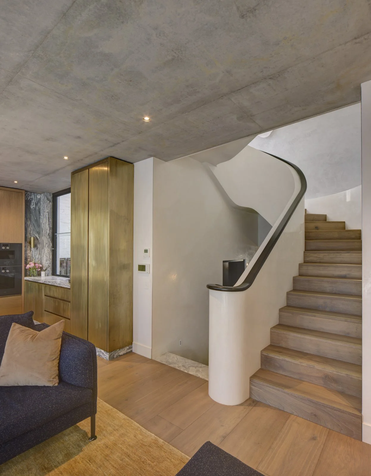 ribbon stair case, oak stairs high ed kitchen