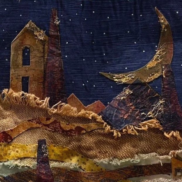 A fabric panel depicting a Cornish engine house and the moon.