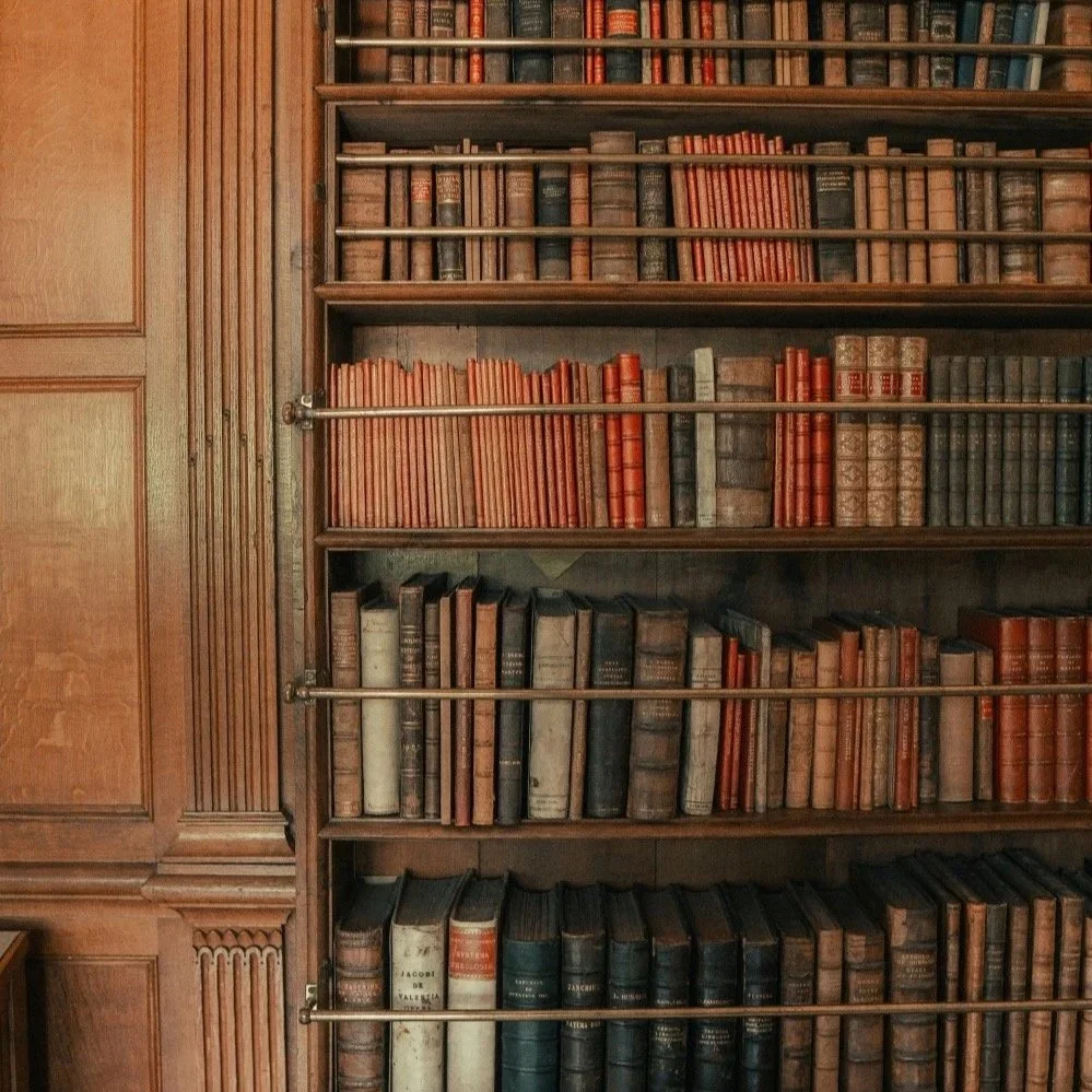 Bookshelves filled with leather-bound books.
