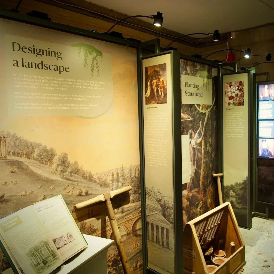 Interpretation panels in an exhibition exploring the history of Stourhead landscape garden in Wiltshire.