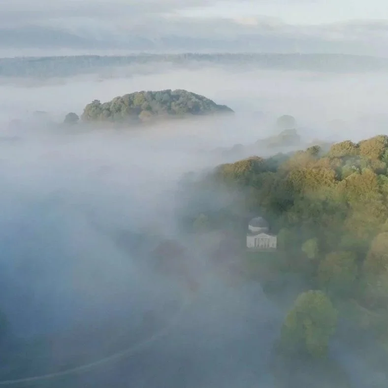 An arial view of Stourhead landscape garden, including the Pantheon.