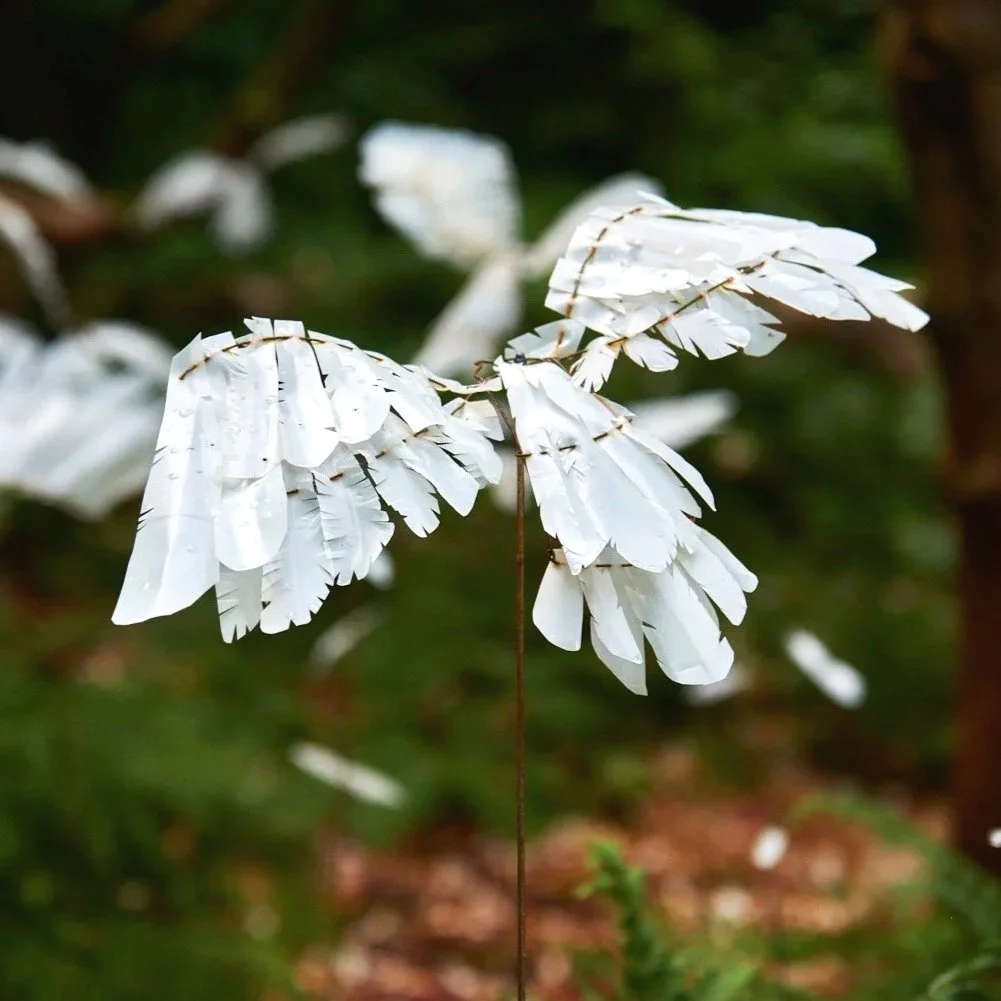 White birds and feathers from 'A thousand feathers' by Studio Meraki exhibited at Stourhead.