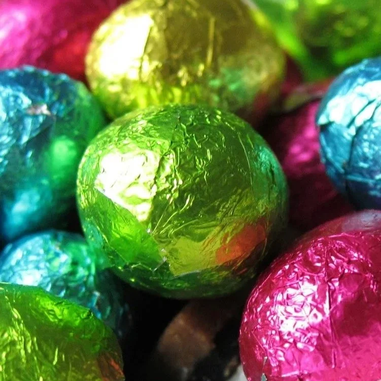 Green, pink, and blue foiled chocolate Easter eggs