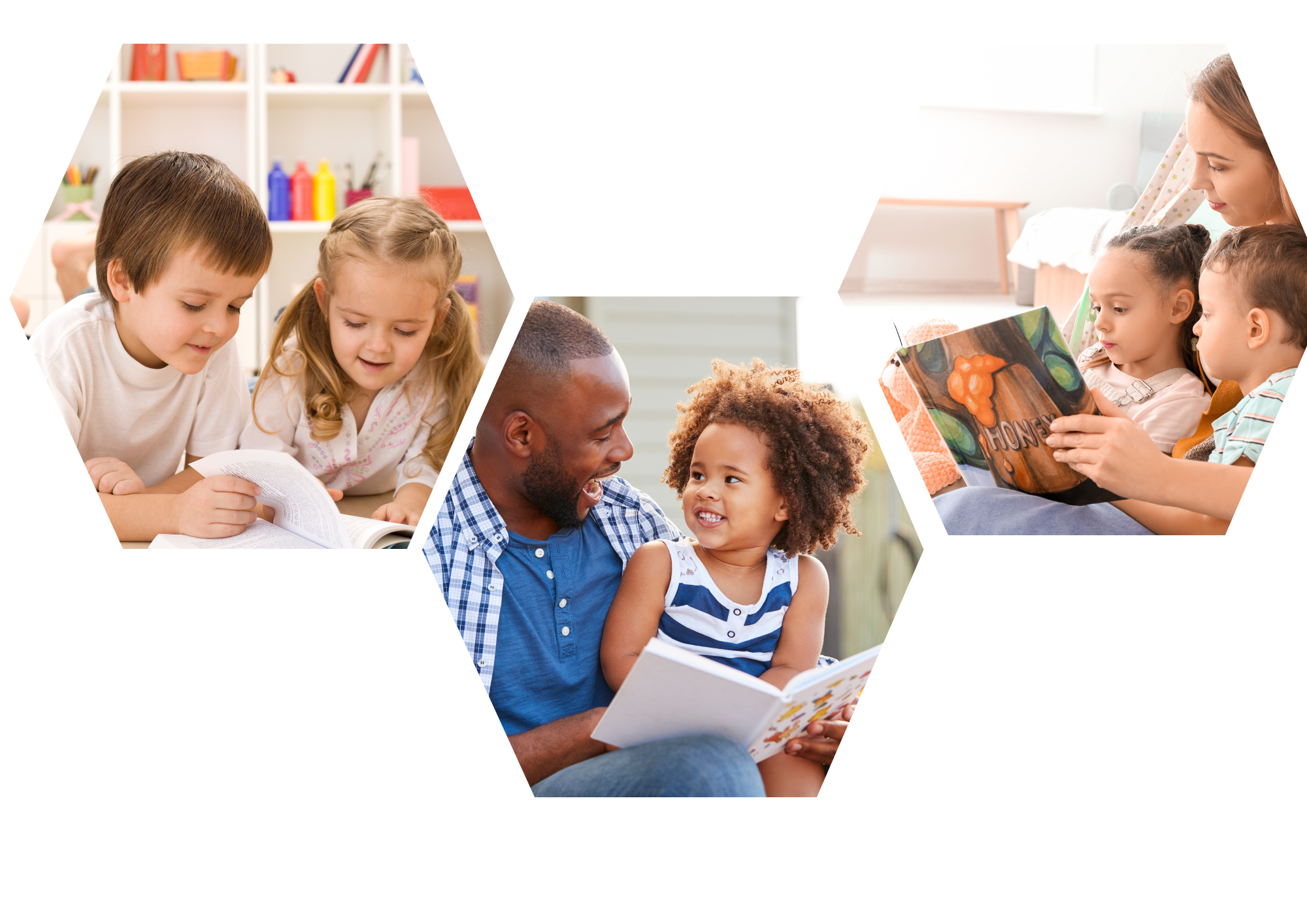 Collage of children and adults reading books together in different settings.