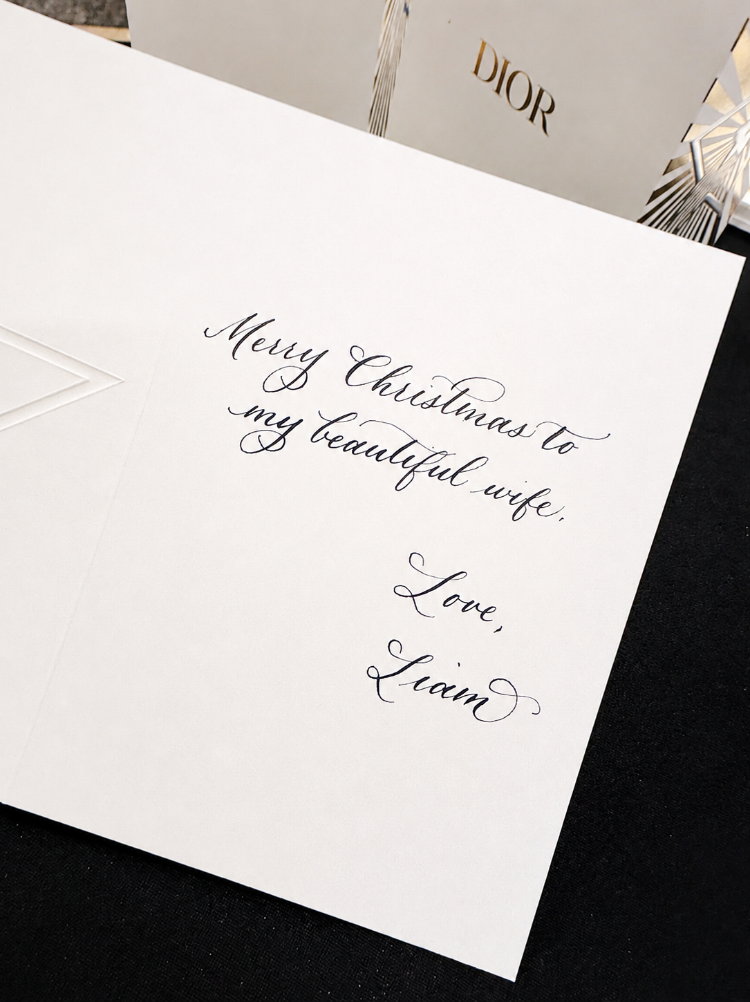 Custom handwritten calligraphy holiday card — personalized live calligraphy at Dior Beauty by KWK Creative Studio, New Jersey and New York City