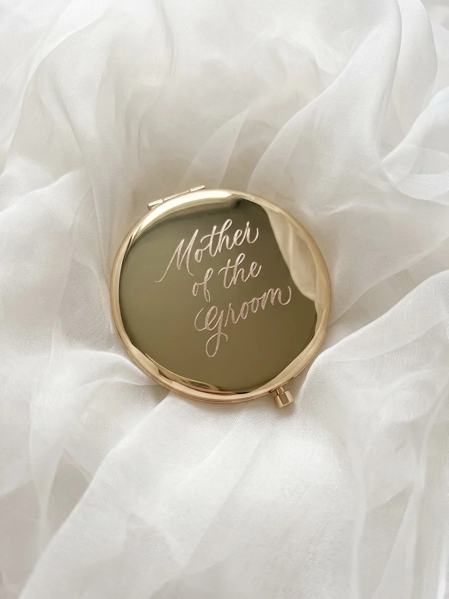 Luxury engraved compact mirror gift with modern calligraphy personalization for weddings, bridal showers, gifting, beauty brand activations