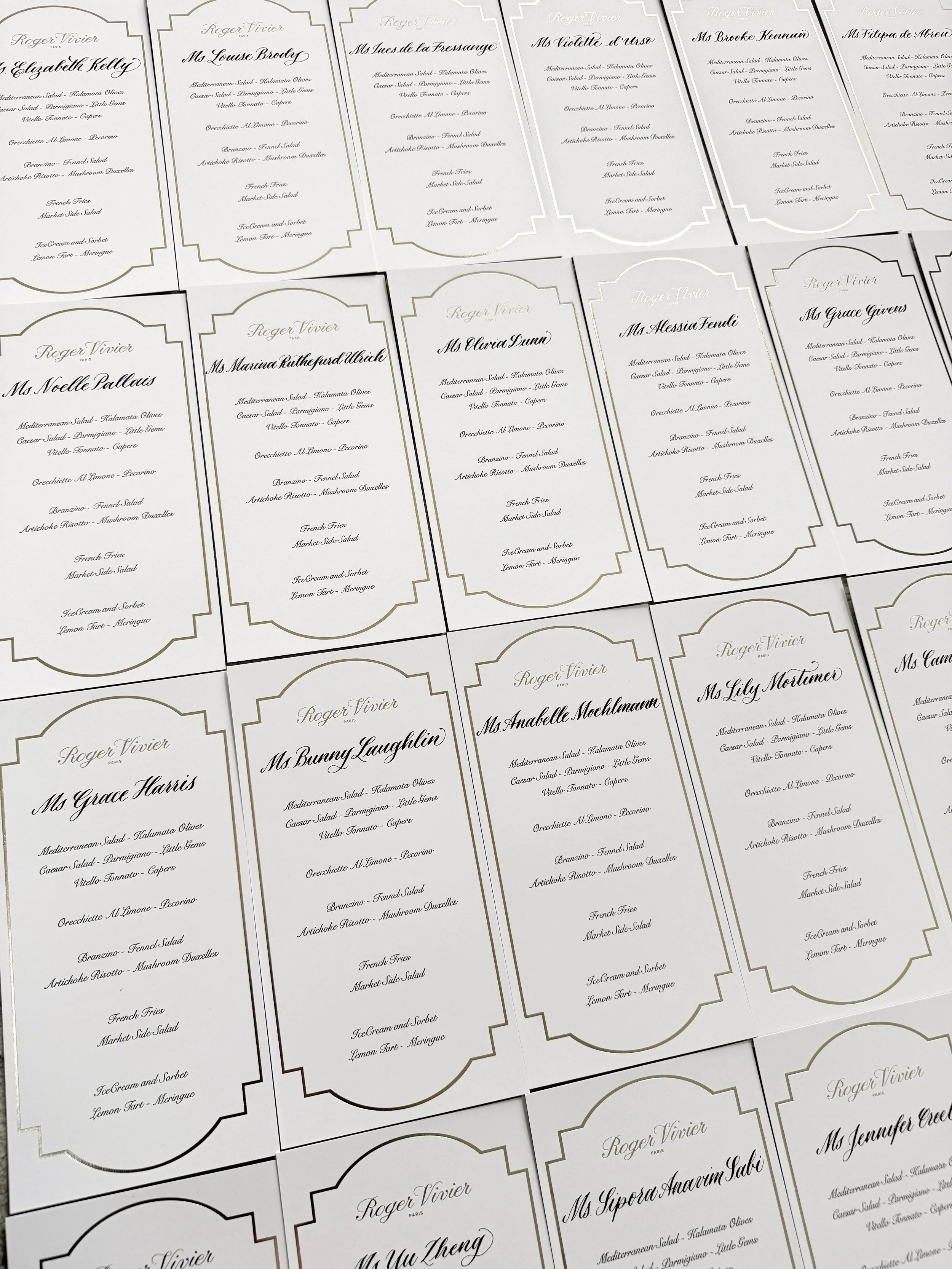 Handwritten calligraphy place cards for luxury event — live calligraphy and in-studio commissions for weddings and corporate events, NYC and NJ by KWK Creative Studio