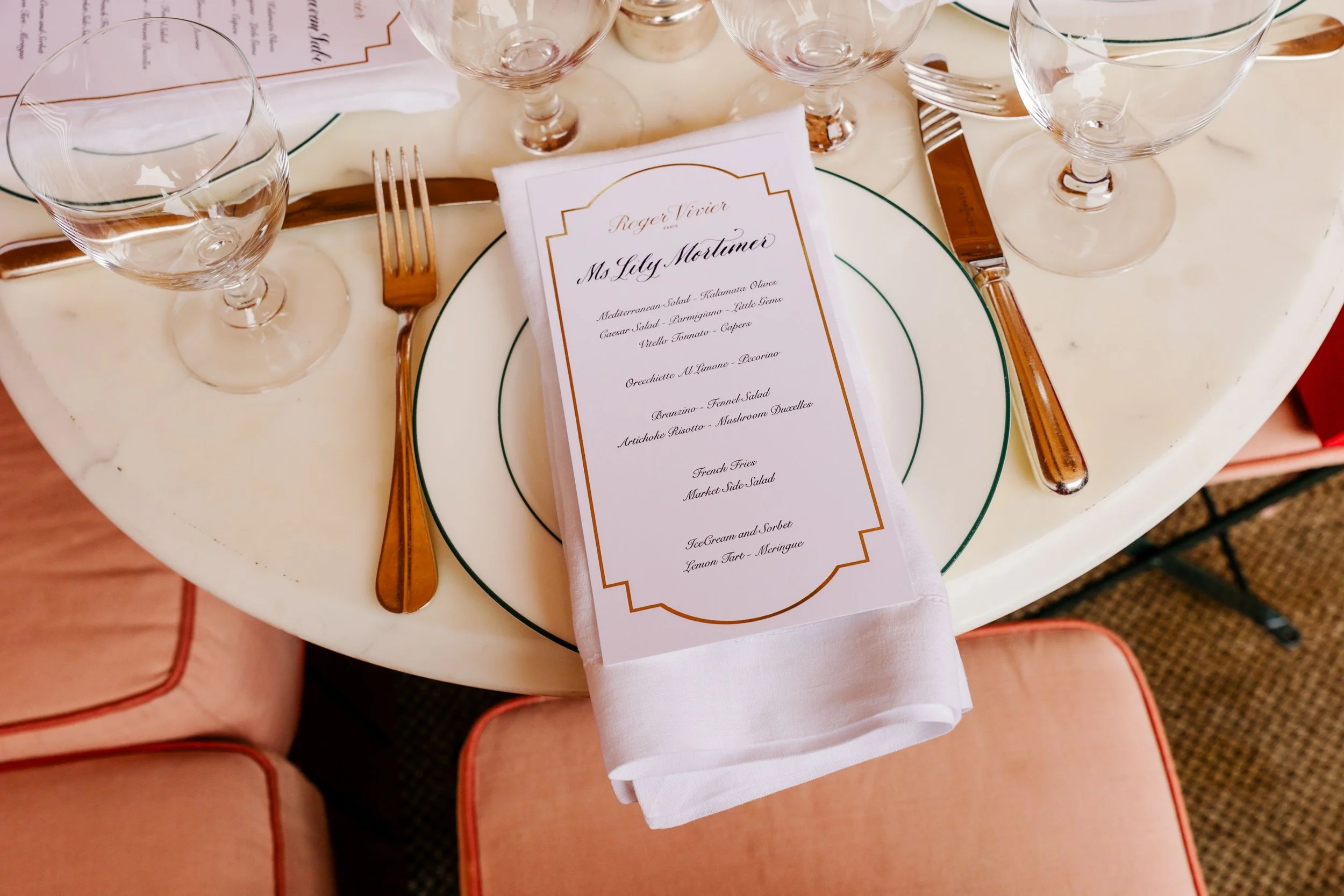 Handwritten calligraphy menu card at a luxury fashion brand VIP event for Roger Vivier — custom calligraphy for weddings and private events by KWK Creative Studio, New York and New Jersey