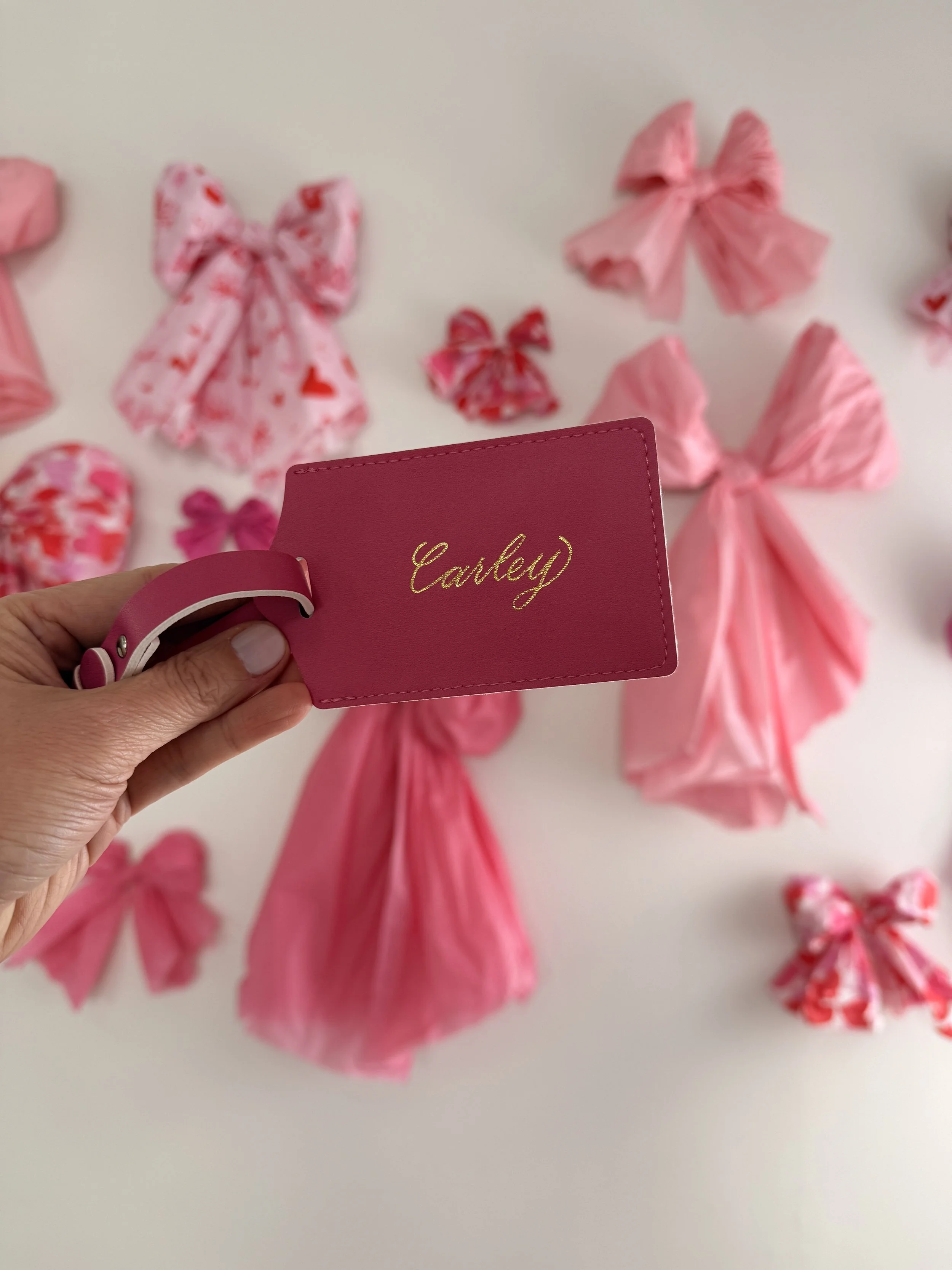 Luxury leather luggage tag with gold heat foiling personalization for gifting and events