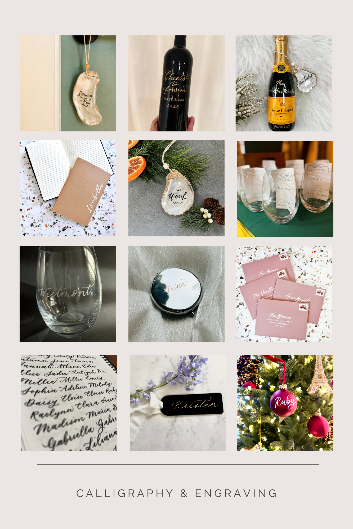 Luxury calligraphy and engraving samples including live event engraving on glassware, bottles, ornaments, and personalized keepsakes by kwk creative studio serving New Jersey and New York.