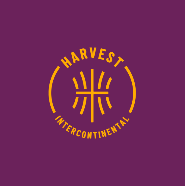 A purple background with yellow text and graphic design featuring the words 'Harvest Intercontinental' encircling a stylized harvest symbol.
