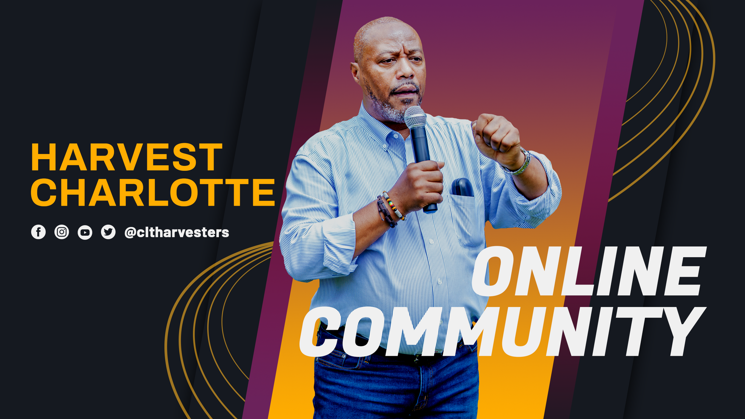 A man with a bald head and gray beard speaking into a microphone, wearing a light blue striped shirt, against a background featuring orange, purple, and black colors with graphic lines and text.