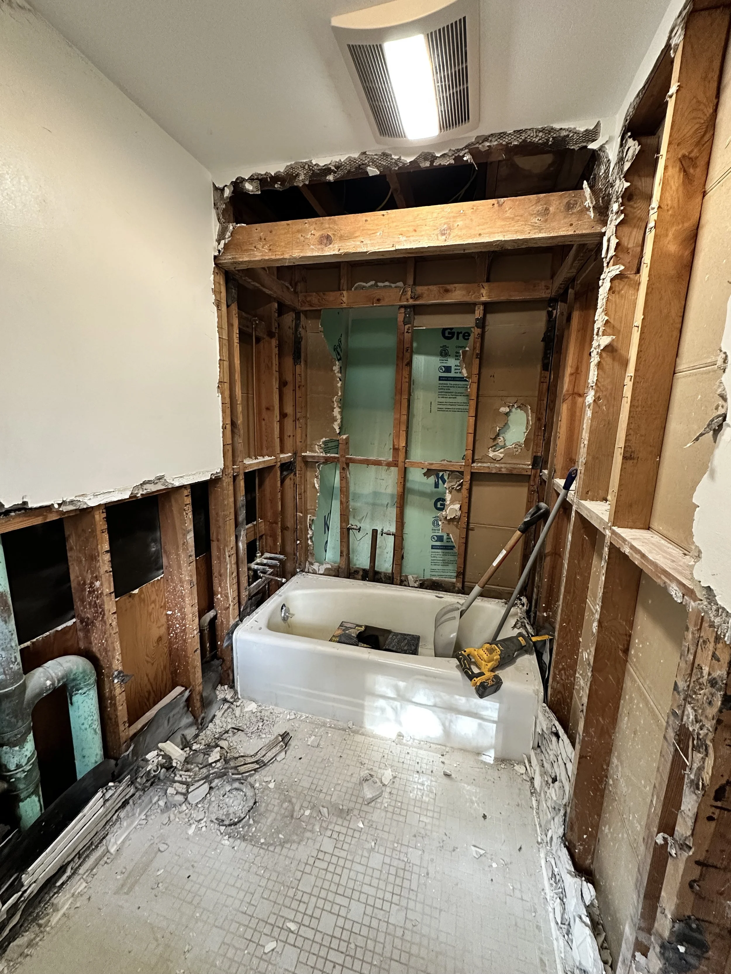 Once all the tile was removed, it was time to remove the tub and floor tile.